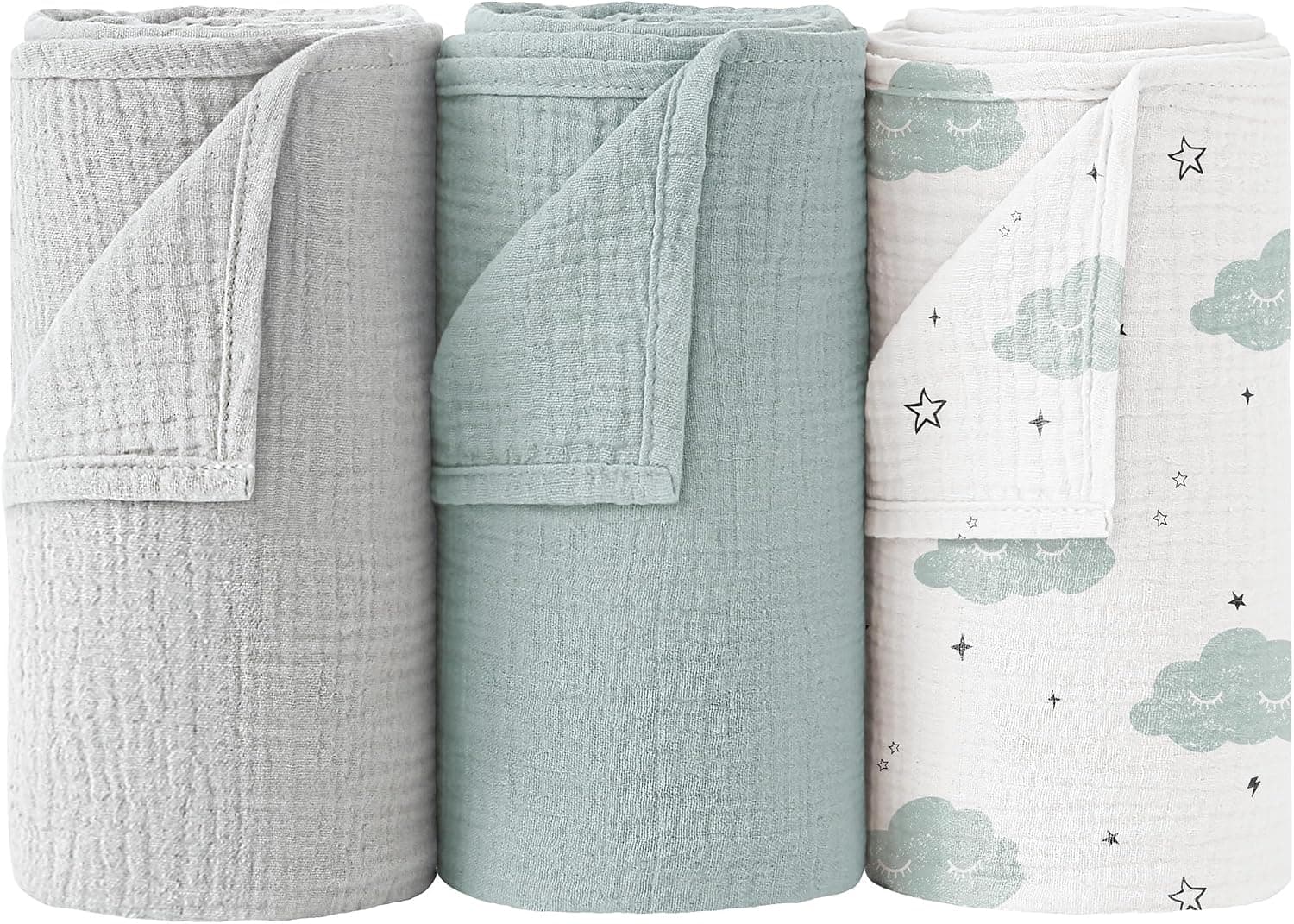 Bearmoss 100% Algodón Mantas Envolventes de Muselina para Bebé 3PCS, Mantas Swaddle de Muselina de Algodón Bebé Recien Nacido,Muselina Manta Bebé Suave y Transpirable para Bebé,96x102cm (Nubes)