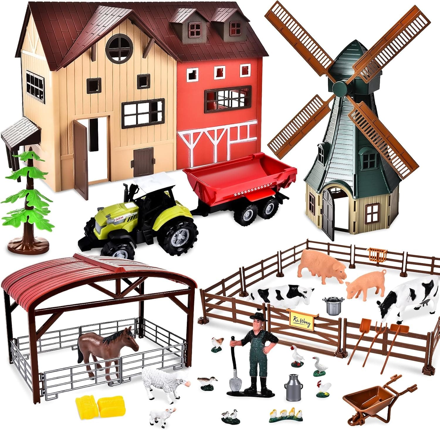 JONRRYIN Juego de juguetes de granja, animales caballos, 4 años, mini juguete caballo establo set con molino de viento, hogar, camión, juegos, regalos para niños, niñas, niños de 5 años
