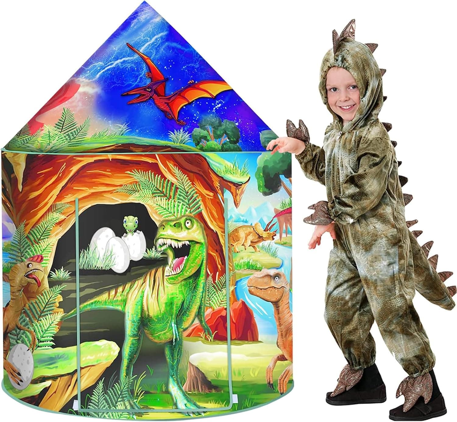 Dinosaurios Tienda Campaña Tipi Infantil Exterior Interior Pop Up Plegable Casita de Juegos con Bolsa Portátil y Pegatinas Dinosaurios Fiesta Juguete Regalos de Cumpleaños Túnel de Cama para Niño