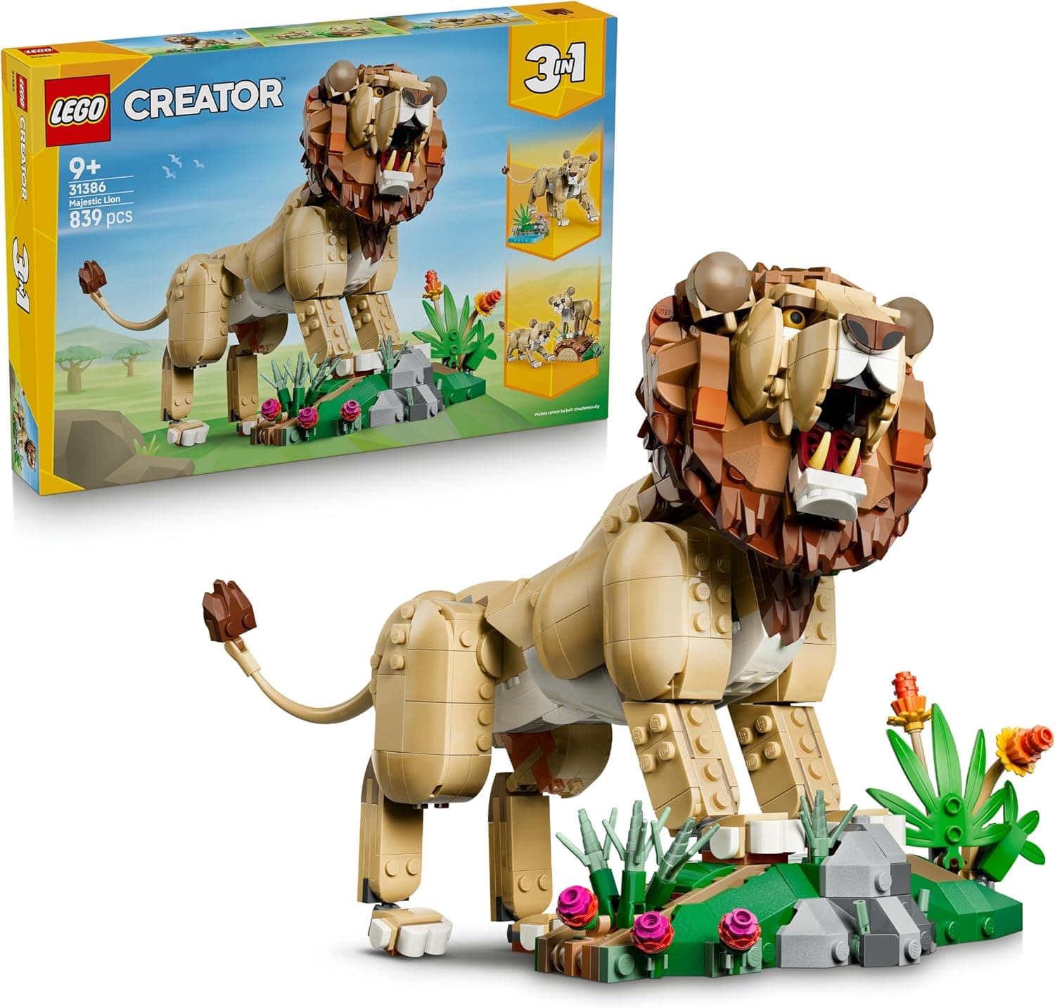 LEGO Creator 3en1 Fauna Salvaje: León Majestuoso de Juguete - Figuras de Animales Transformable en Leona o 2 Cachorros - Decoración para la Habitación - Regalo para Niñas y Niños de 8+ Años - 31386