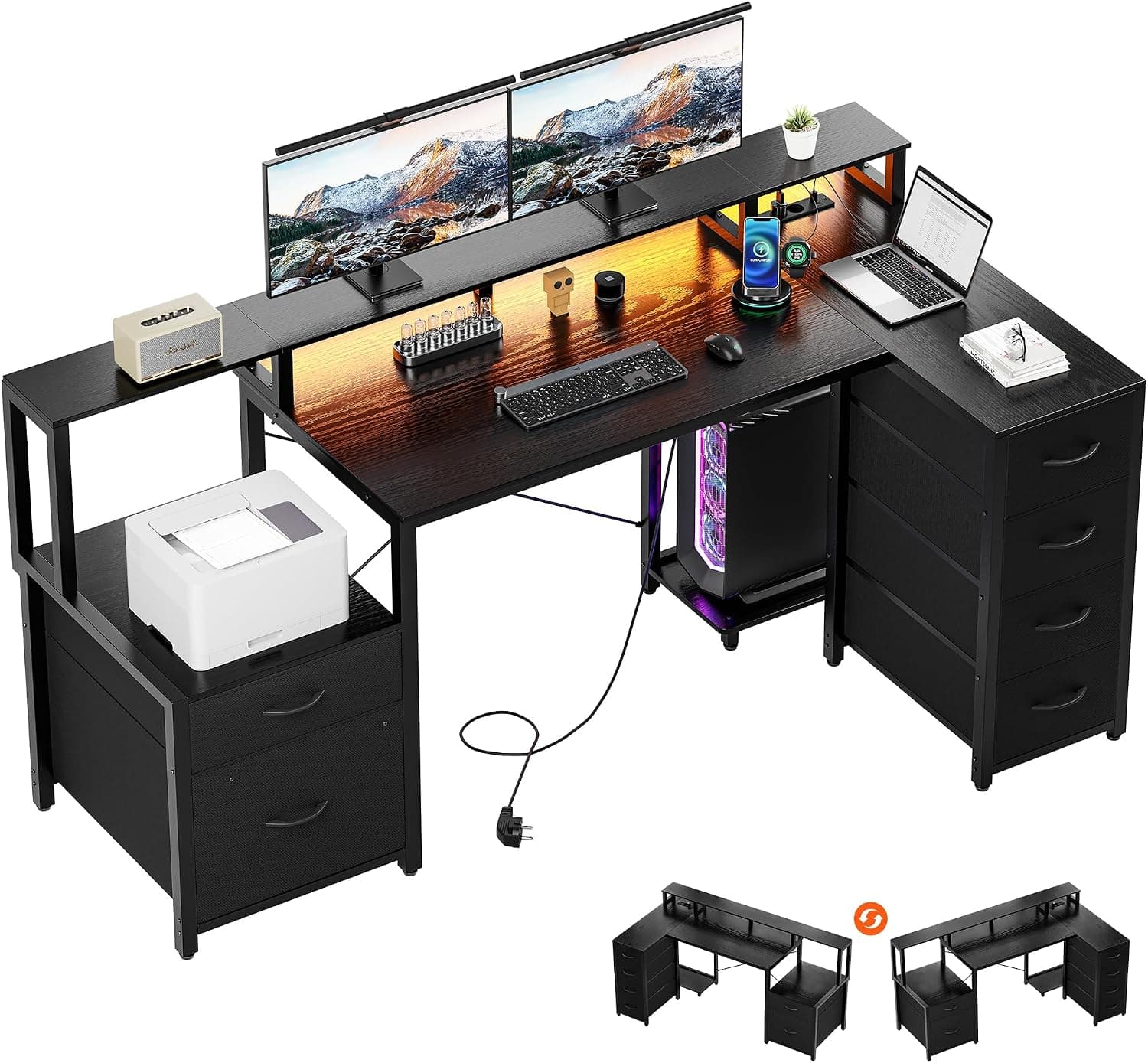 YOUDENOVA Escritorio en forma de L con cajones, 150 x 80 cm, escritorio esquinero con LED, enchufe y USB, mesa gaming reversible con soporte para monitor, espacio de almacenamiento, mesa de ordenador