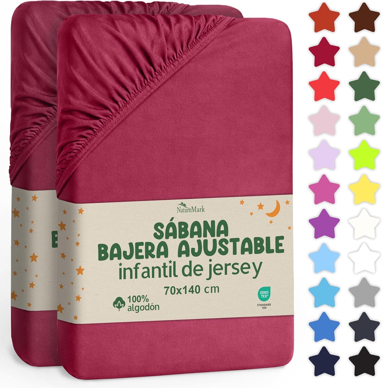 NatureMark Sábana Ajustable para Niños 70x140 cm – Suave Jersey, 100% Algodón, Pack de 2 para Cuna y Camita Infantil, Rojo Burdeos