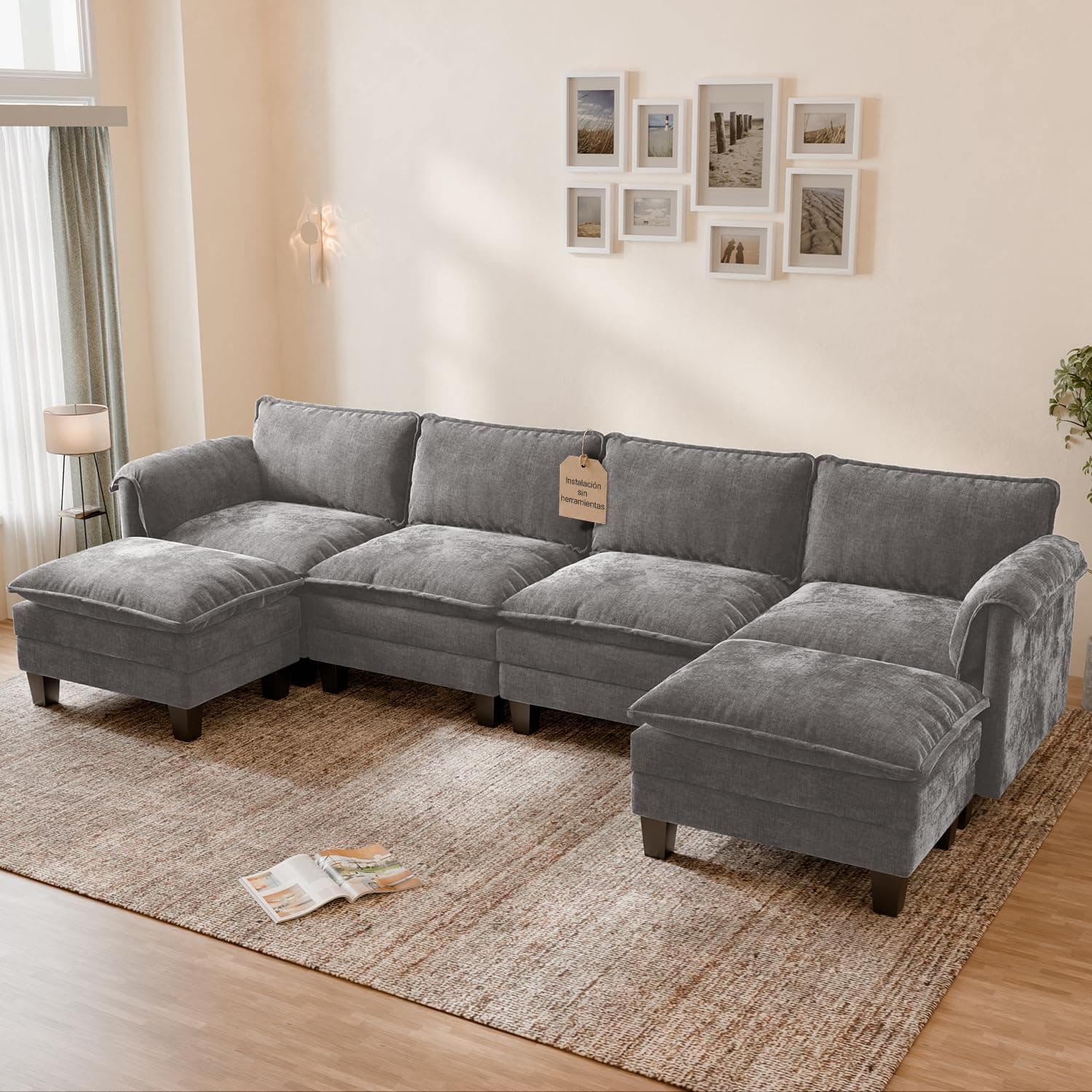 ELUCHANG Sofá Nube Modular 336cm con 2 Pufs, Sofá en Forma de U de 4 Plazas, Asiento Profundo 62cm, Montaje sin Herramientas, Sofá de Esquina en Chenilla, Verde Salvia