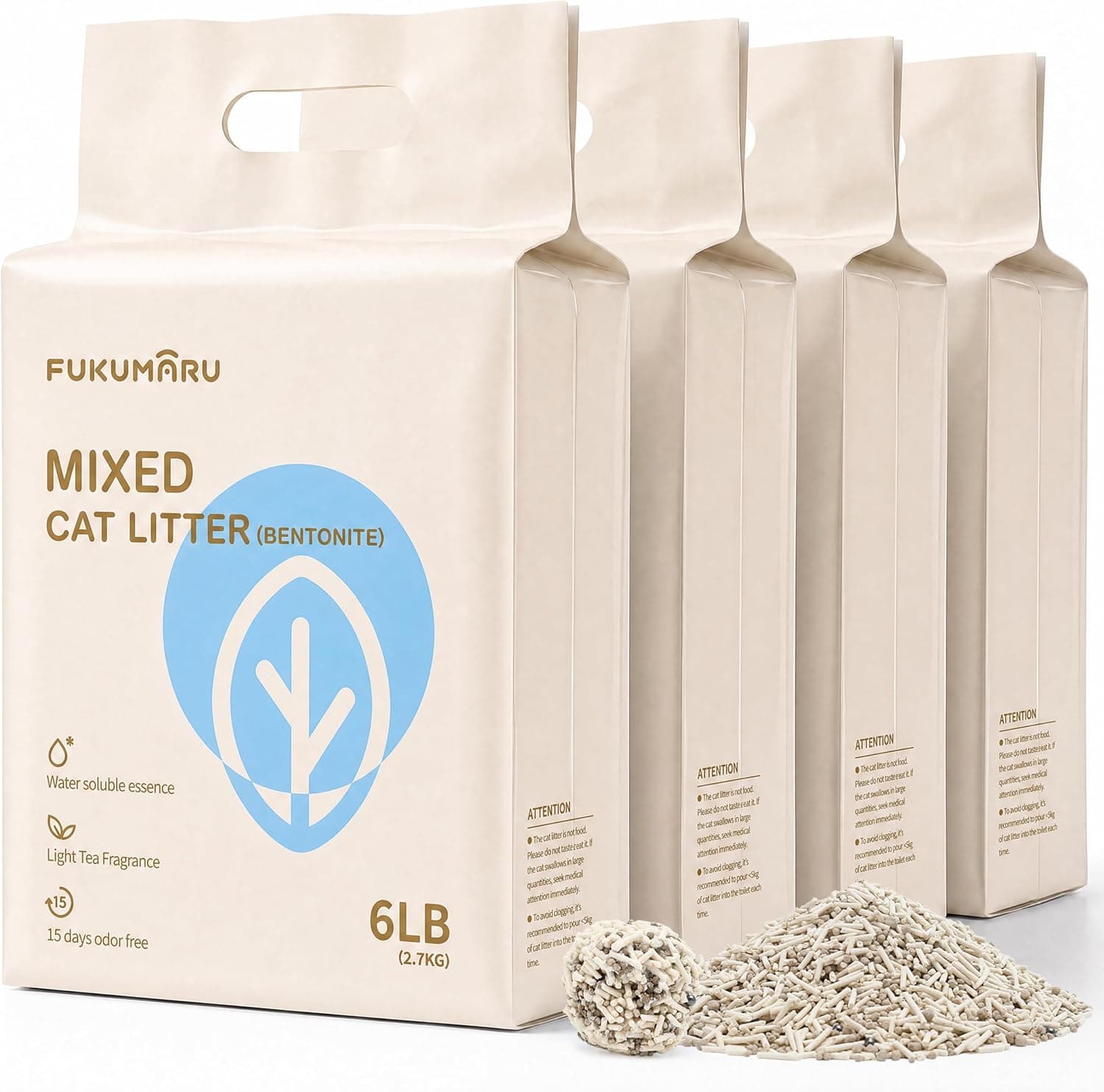 FUKUMARU Arena de Tofu para Gatos 10.8kg - Arena aglomerante para Gatos, Tofu y Bentonita, Libre de Polvo y fácil de aglomerar, Control de olores（Té Blanco）