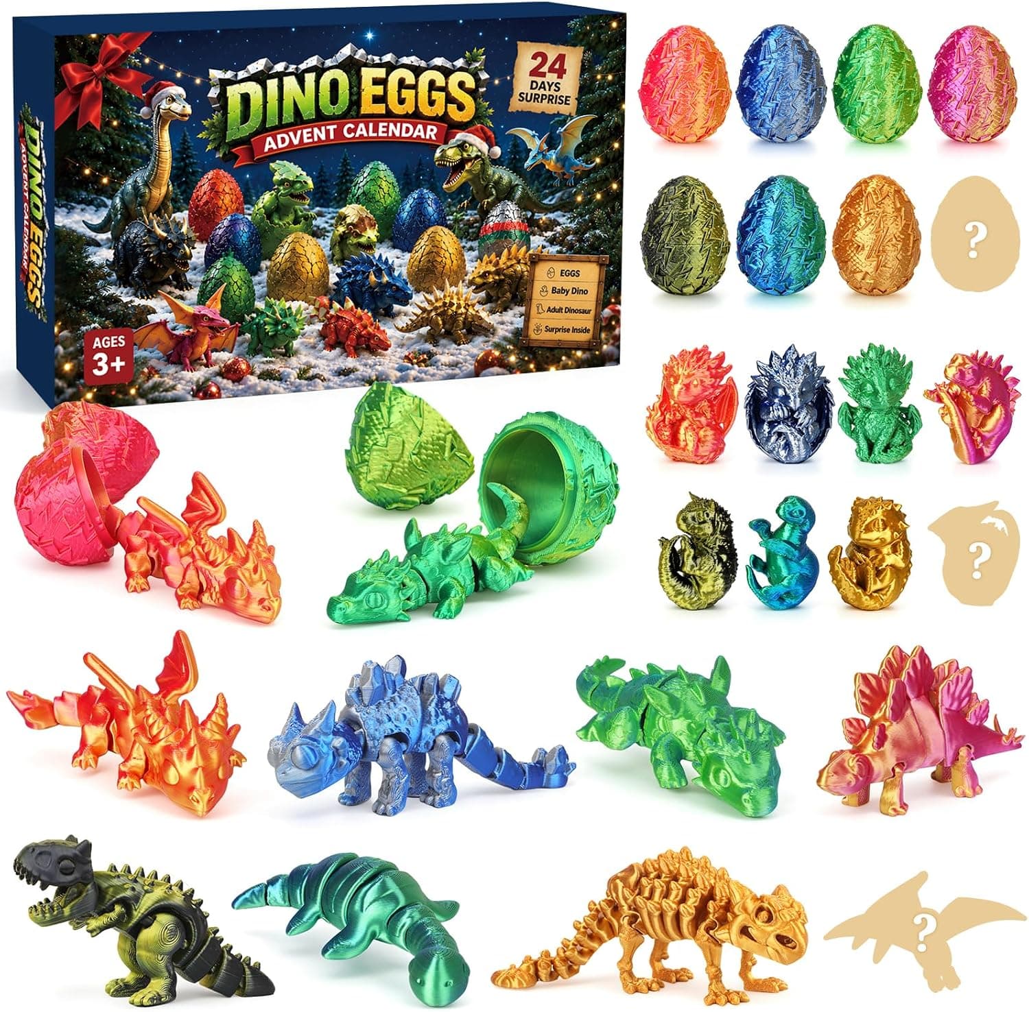 Calendario de Adviento Dinosaurio 2026, 24 Días de Sorpresas con Huevos de Dinosaurio Impresos en 3D, Bebés de Dinosaurio y Dinosaurios Adultos, Huevo de Dragón para Niños desde 3 Años