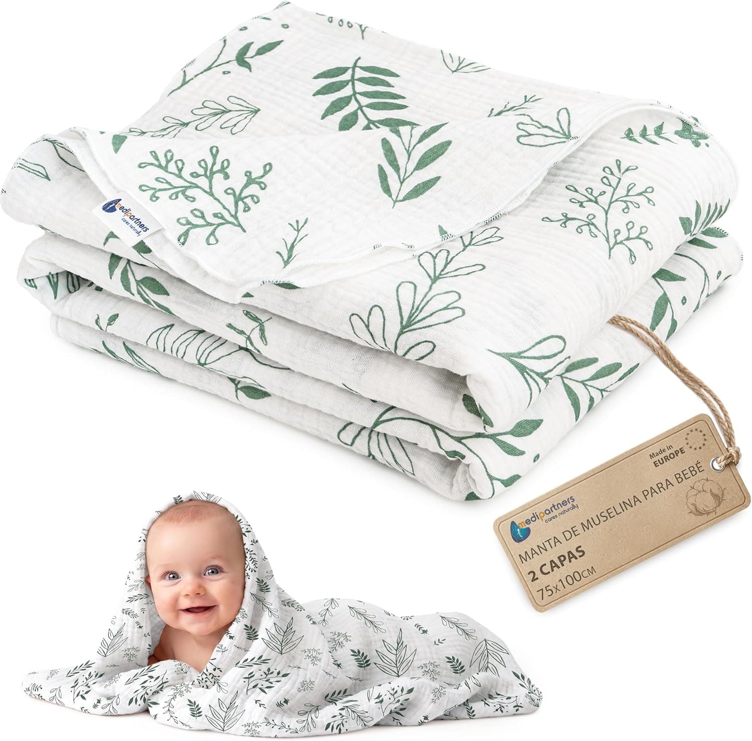 Medi Partners Manta de Muselina para Bebe 75x100cm Mantas Recien Nacido Mantita Bebes 100% Algodon Blanket Verano Bebés Universal Confortable (Hoja de Olivo)