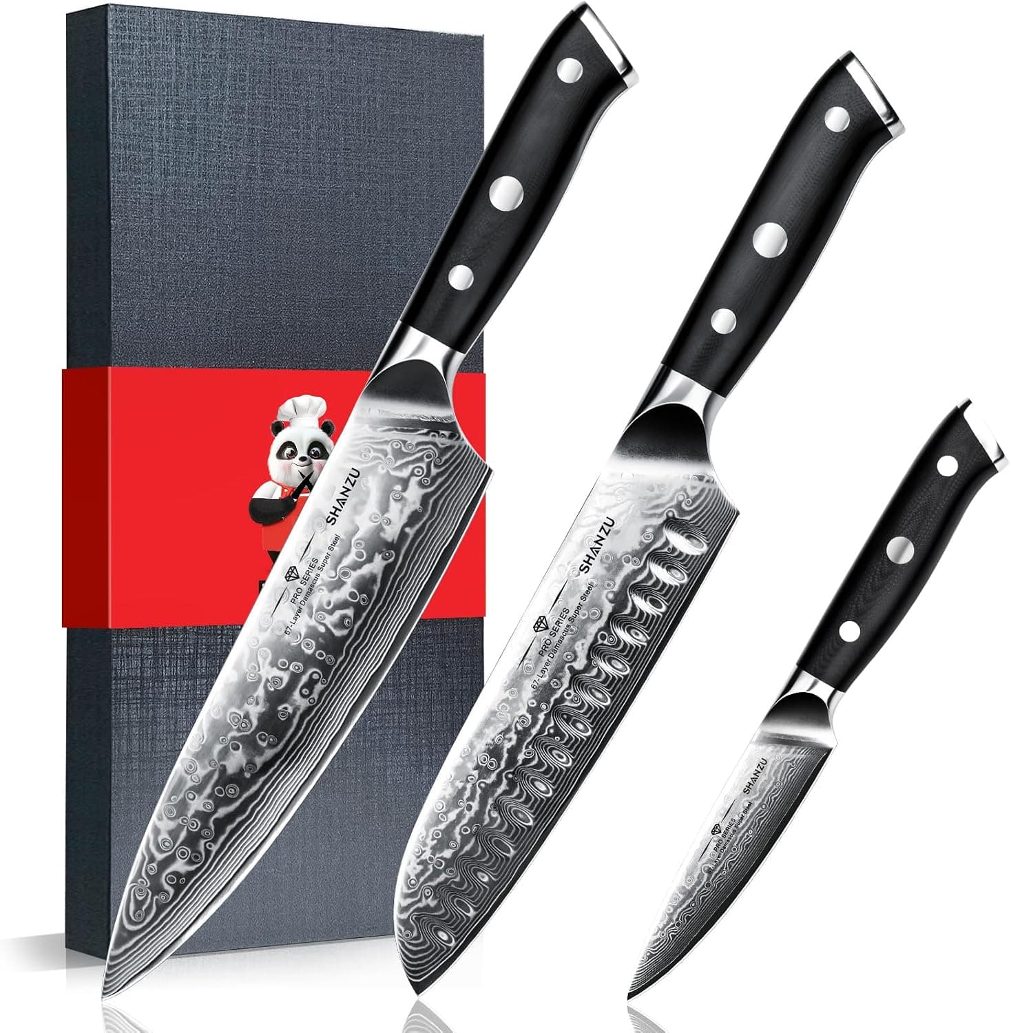SHAN ZU 3 Piezas Juego de Cuchillo de Cocina Damasco, Set Cuchillo Japonés