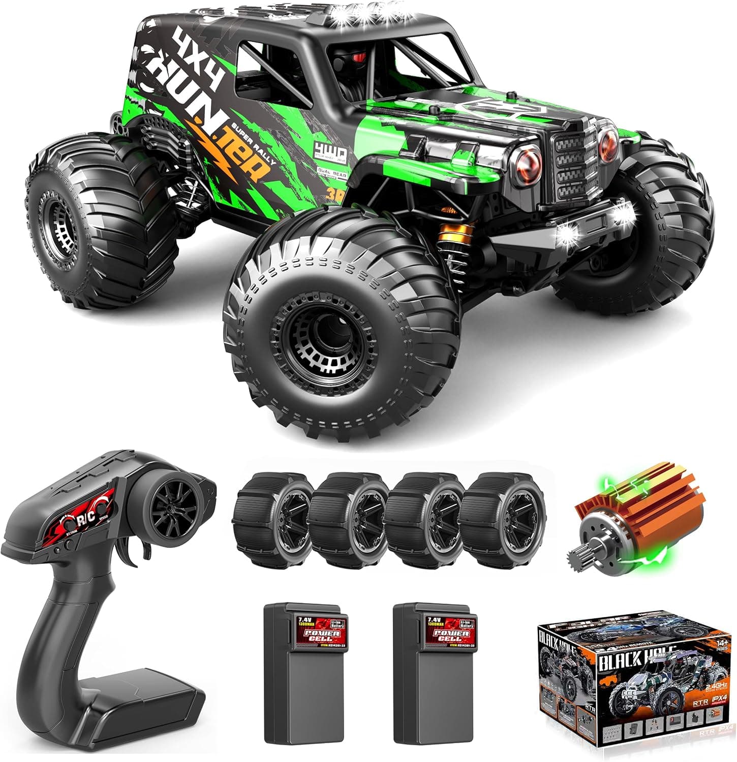 Coche Teledirigido 1:14 4WD 40 KM/H RC Coche Radiocontrol 4x4 con 2 Baterías 7.4V 1300mAh, Neumáticos de Pala Extra y Jaula Antivuelco Completa, Regalo Ideal para Adultos y Niños