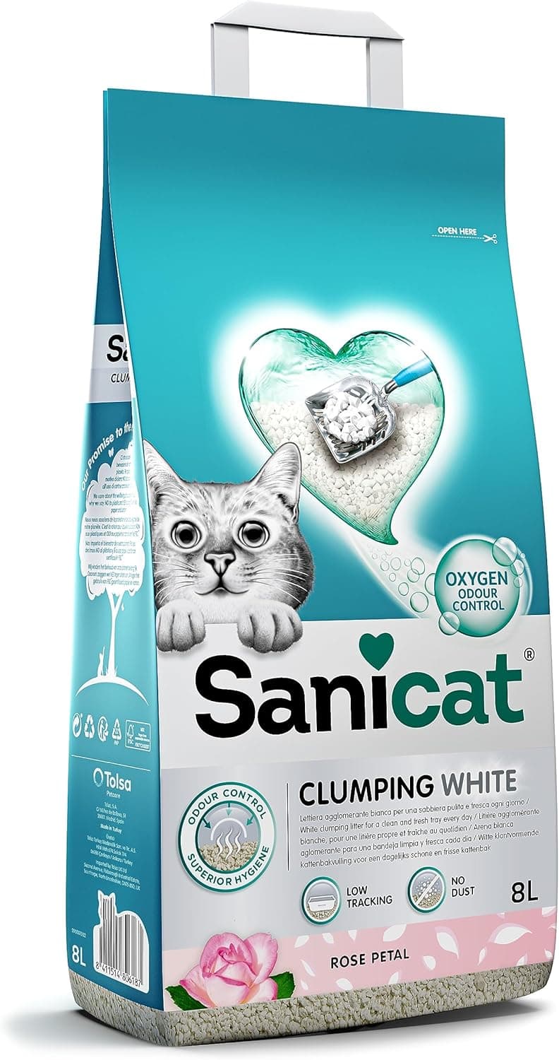 Sanicat - Arena para Gatos aglomerante Blanca - Aroma a petalos de Rosa | | Hecha de minerales Naturales y Garantiza el Control de Olor | 8 L de Capacidad