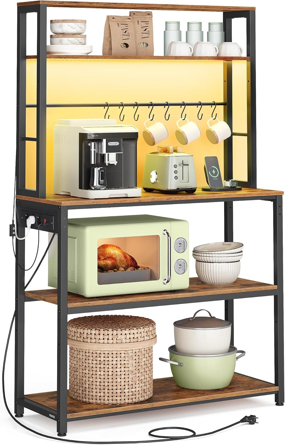 VASAGLE Estantería de Cocina con LED, para Microondas con Regleta