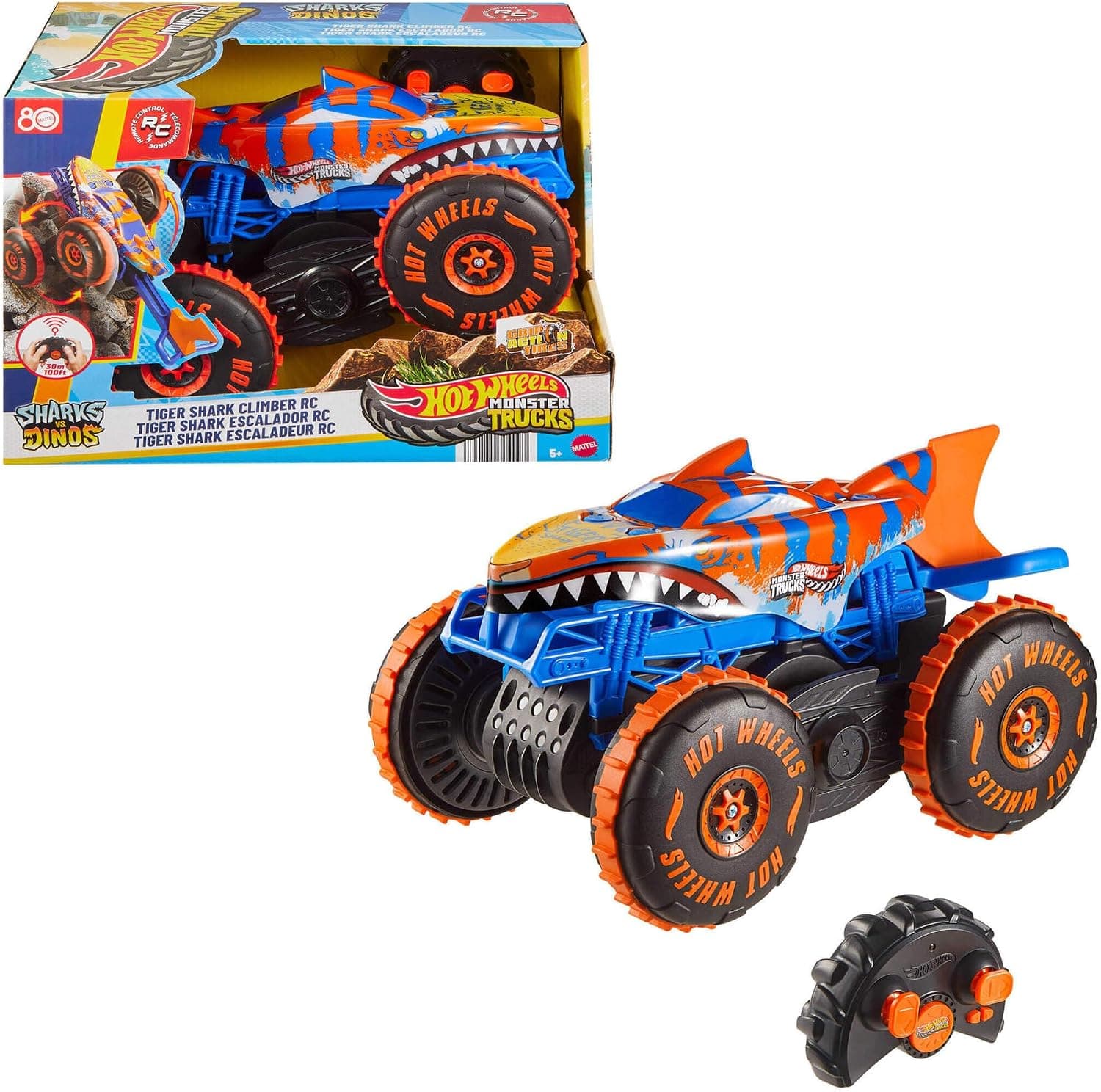 Hot Wheels Monster Truck Tiger Shark escalador, Vehículo teledirigido de juguete con 3 modos de juego de carreras, escalada y acrobacias, JFR39
