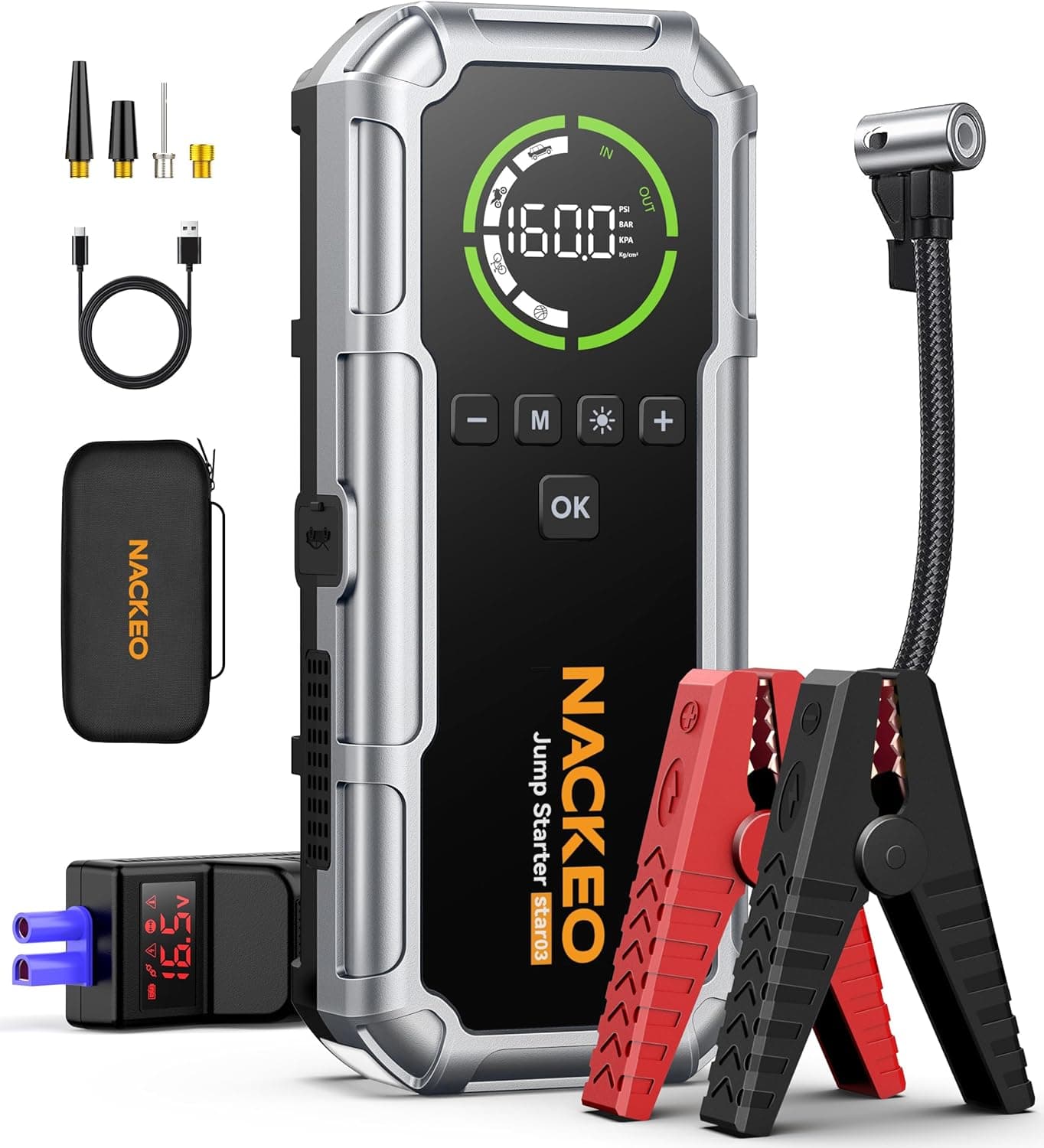 Arrancador de Baterias de Coche 8000A con Compresor, 160PSI Inflador de Neumáticos, Jump Starter 12V, Arrancador de Coches para Vehículo (Todo Gasolina o 12L Diésel), Pantalla LCD, Luz de Emergencia