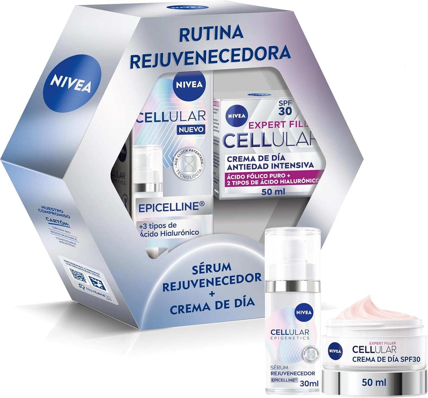 NIVEA Pack Cellular Epigenetics Cuidado facial Antiedad - Serum Facial Rejuvenecedor con Epicelline 30ml + Crema de Día FP30 - Revierte la Edad de la Piel