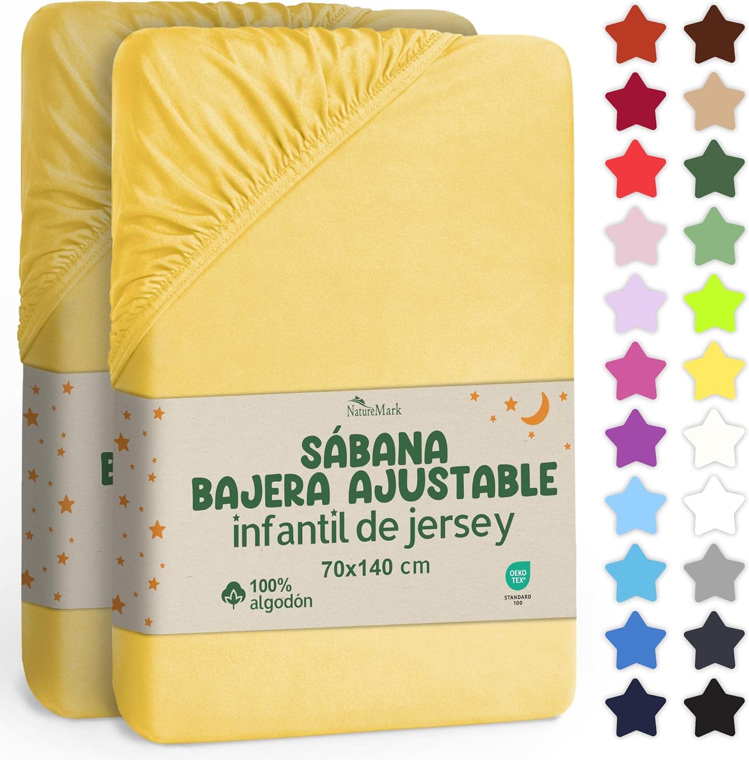 NatureMark Sábana Ajustable para Niños 70x140 cm – Suave Jersey, 100% Algodón, Pack de 2 para Cuna y Camita Infantil, Amarillo