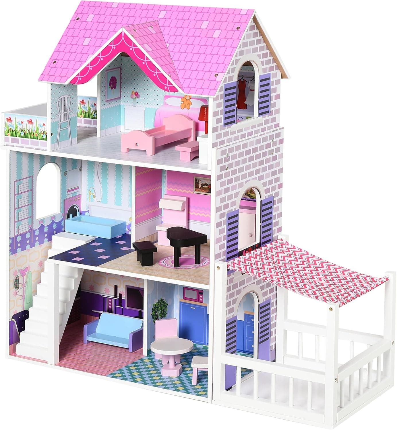 HOMCOM Casa de Muñecas de Madera de 3 Pisos con Patio 86x30x87 cm Rosa