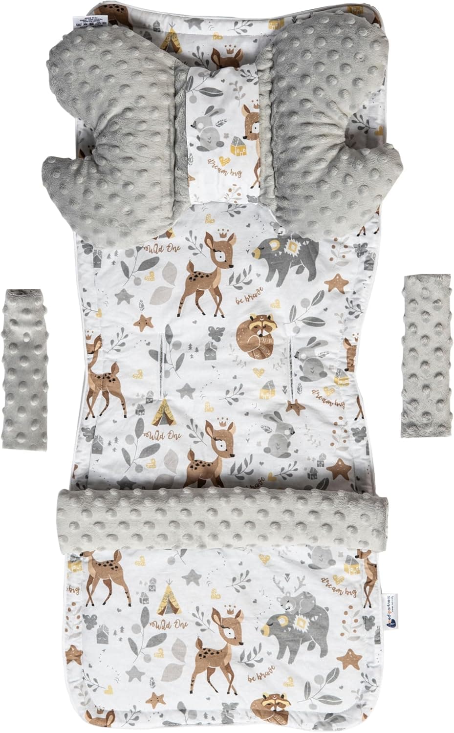 Medi Partners Inserto universal para cochecito Manta para cochecito 5p Protector de cinturón + superposición para diadema Algodón + Minky (Ciervo con gris Minky)