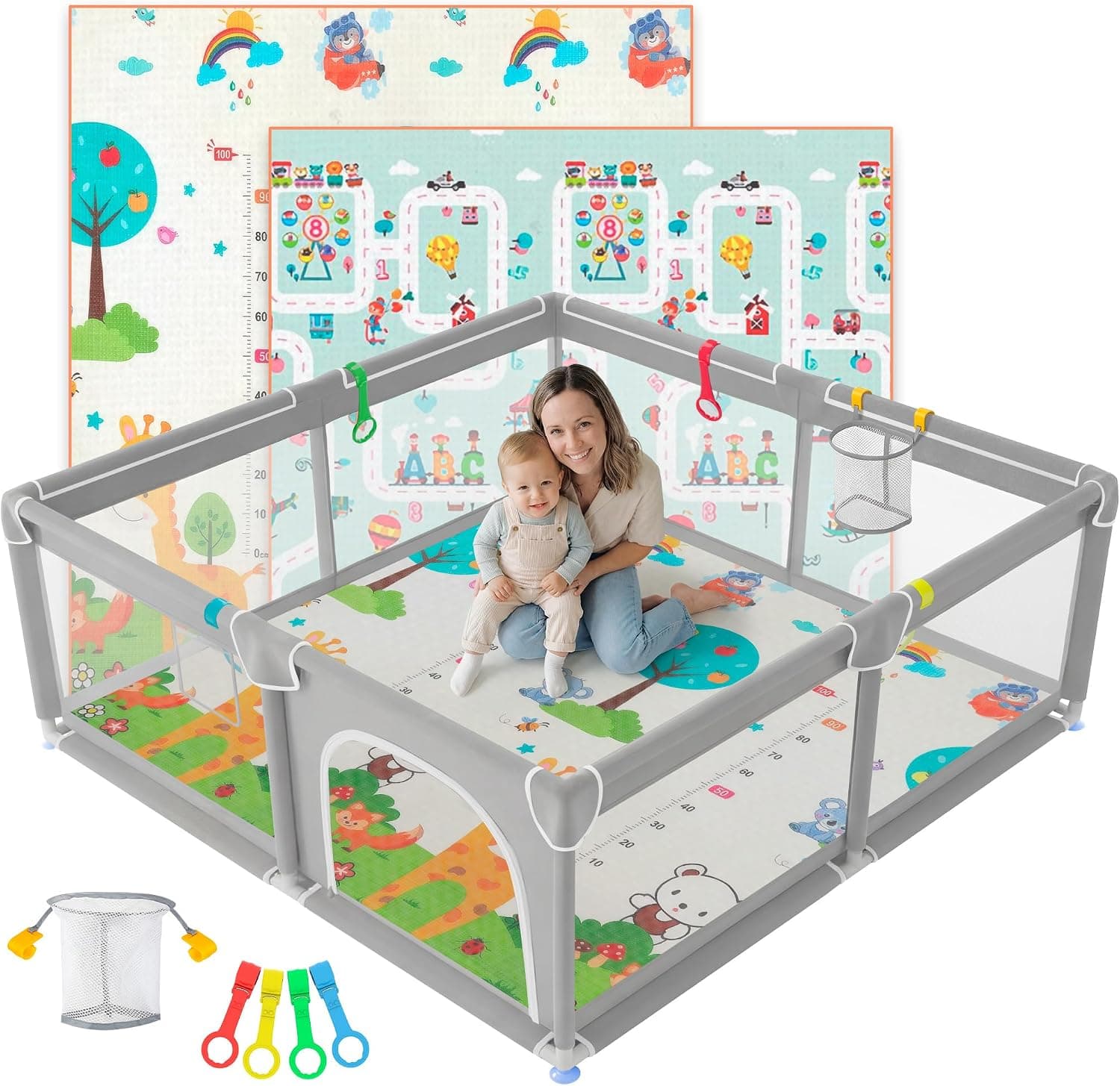 JUPPLIES Parque Infantil Bebe 120x120cm + Alfombra Bebe + Agarraderas + Canasta – Corralito Bebe con Malla Transpirable – Parque de Juegos Bebe Plegable con Puerta Lateral – Playpen Bebe (Gris)