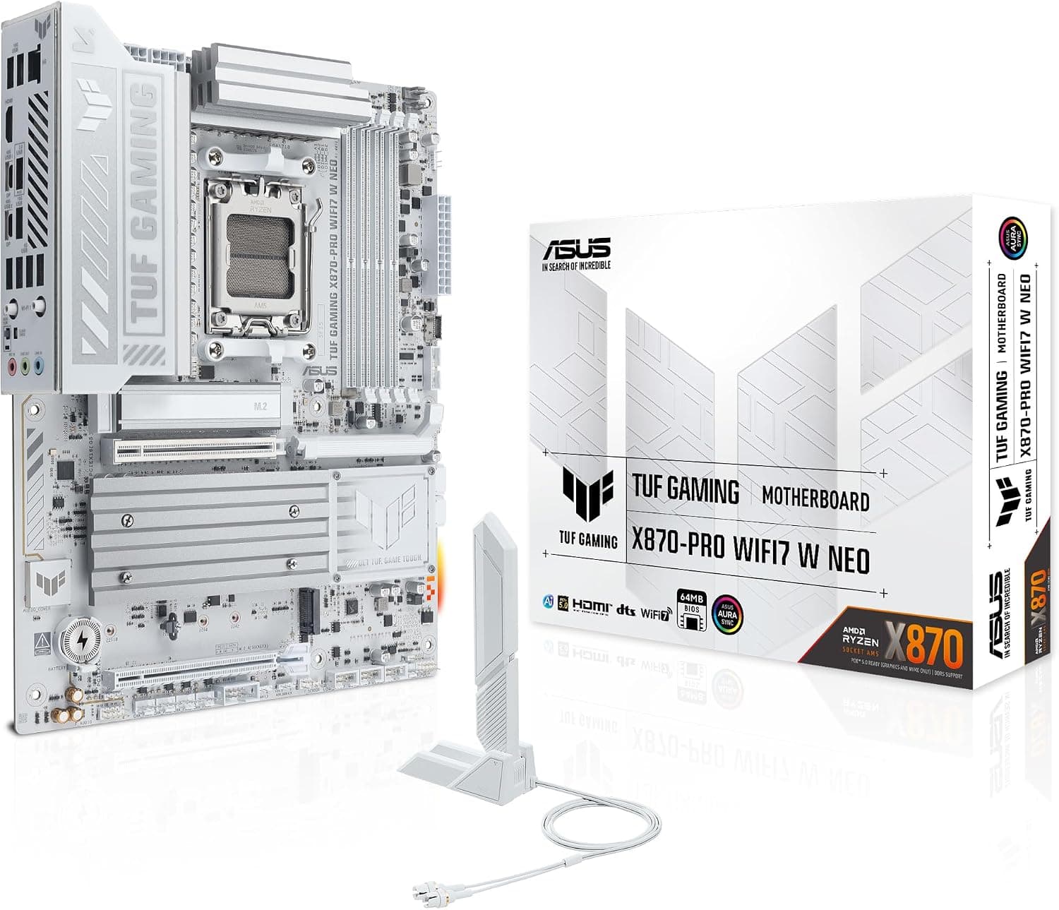 ASUS TUF GAMING X870-PRO WIFI7 W NEO - Placa base ATX AMD X870, 16+2+1 DrMOS, DDR5, PCIe 5.0, M.2, WiFi 7, Ethernet 5Gb, USB4, USB Tipo-C, SATA 6 Gbps, BIOS FlashBack, AEMP, AI Overclocking, Aura Sync