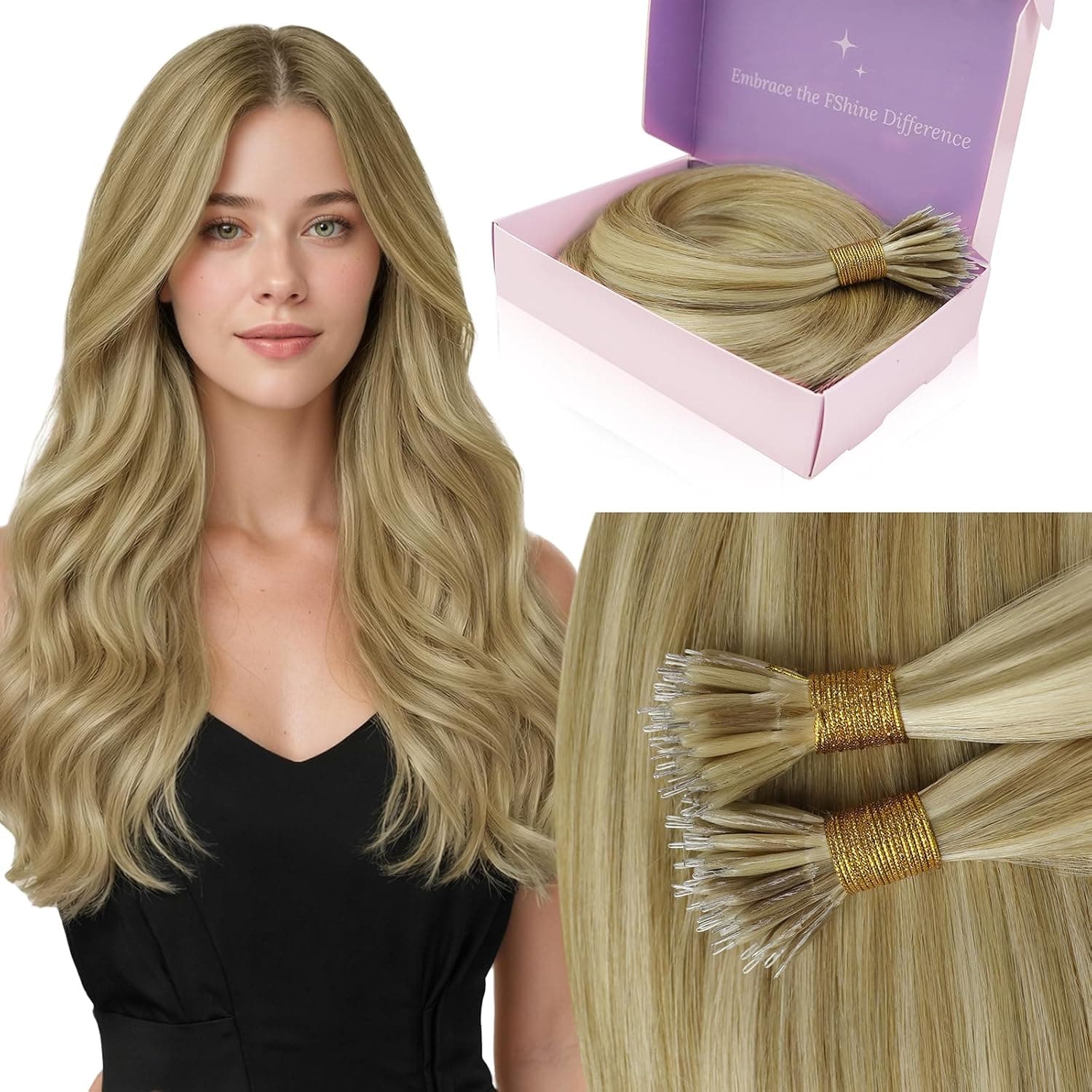 Fshine Nano Human Hair Extensions Rubio Ceniza con Claro 30 cm 40 g