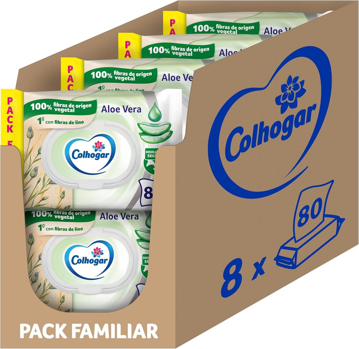 Colhogar Aloe 8x80 - Papel Higiénico Húmedo Desechable por el WC con Extracto de Aloe Vera - Sin Alcohol - Dermatológicamente Testado - 640 Unidades