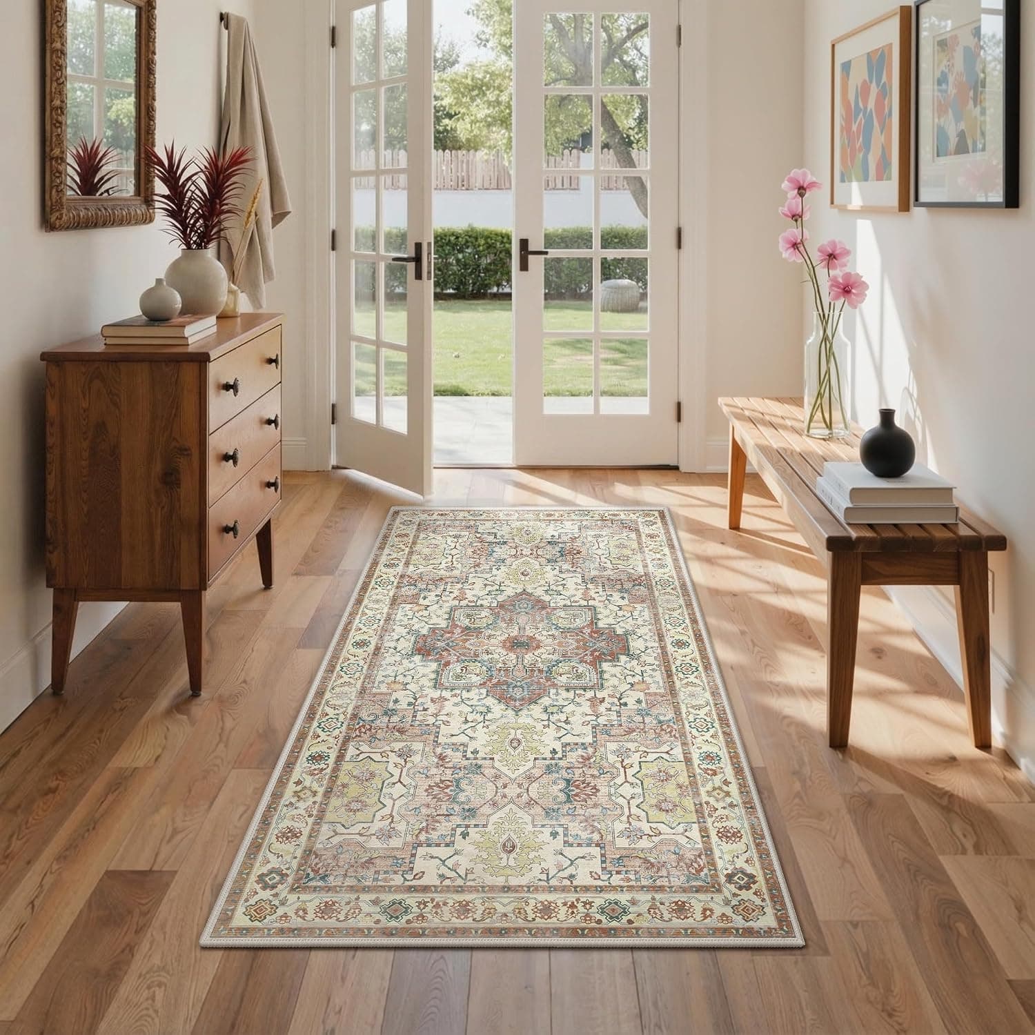 GENIMO Alfombra Salon Vintage Alfombras de Área Lavables en Máquina, Alfombras con Base Antideslizante, Alfombra de Dormitorio de Pelo Corto para Cocina, Comedor, Marrón, 80X150CM
