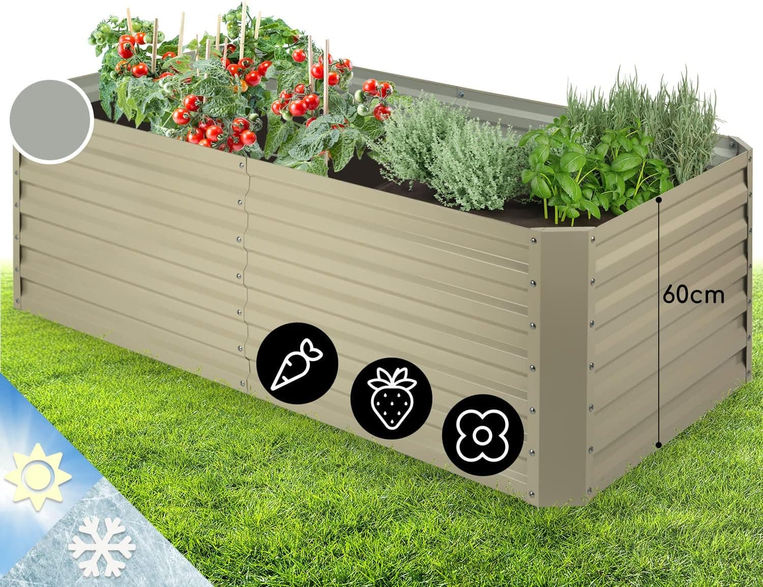 Blumfeldt High Grow Straight bancal - Macetero, Flores, Hierbas y Verduras, 180 x 60 x 90 cm, Ampliable, 970 litros, Acero, Resiste el Mal Tiempo, Libre de Caracoles, Galvanizado, Beige
