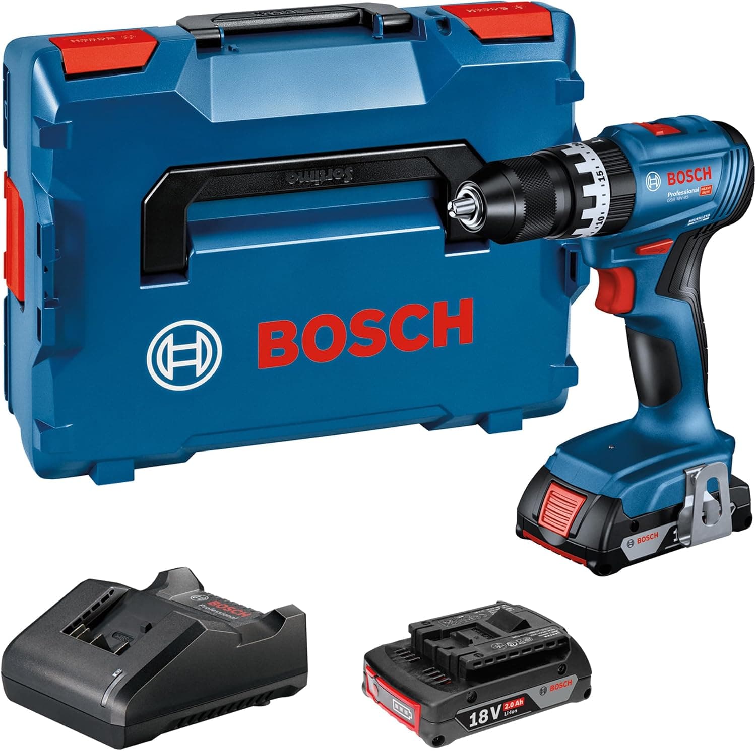 Bosch Professional 18V System taladro con percusión a batería GSB 18V-45 (velocidad de giro 1900 rpm, incl. 2 baterías de 2,0 Ah, GAL 18V-20, L-BOXX)