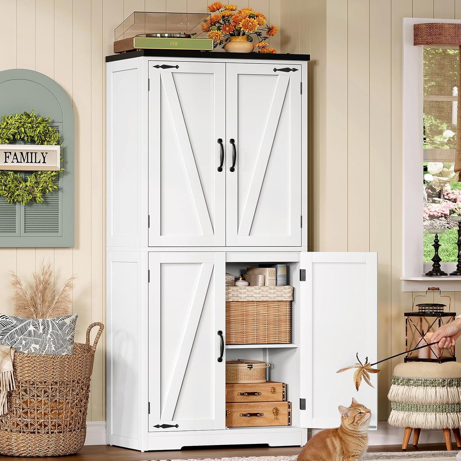 TEENFON 148 cm Alacena de Cocina, Armario de Cocina con 4 Puertas de Granero, Armario Alto con 2 Estantes Fijos & 1 Estantes Ajustables, para Comedor, Sala de Estar, Baño - 60 x 30 x 148 cm - Blanco