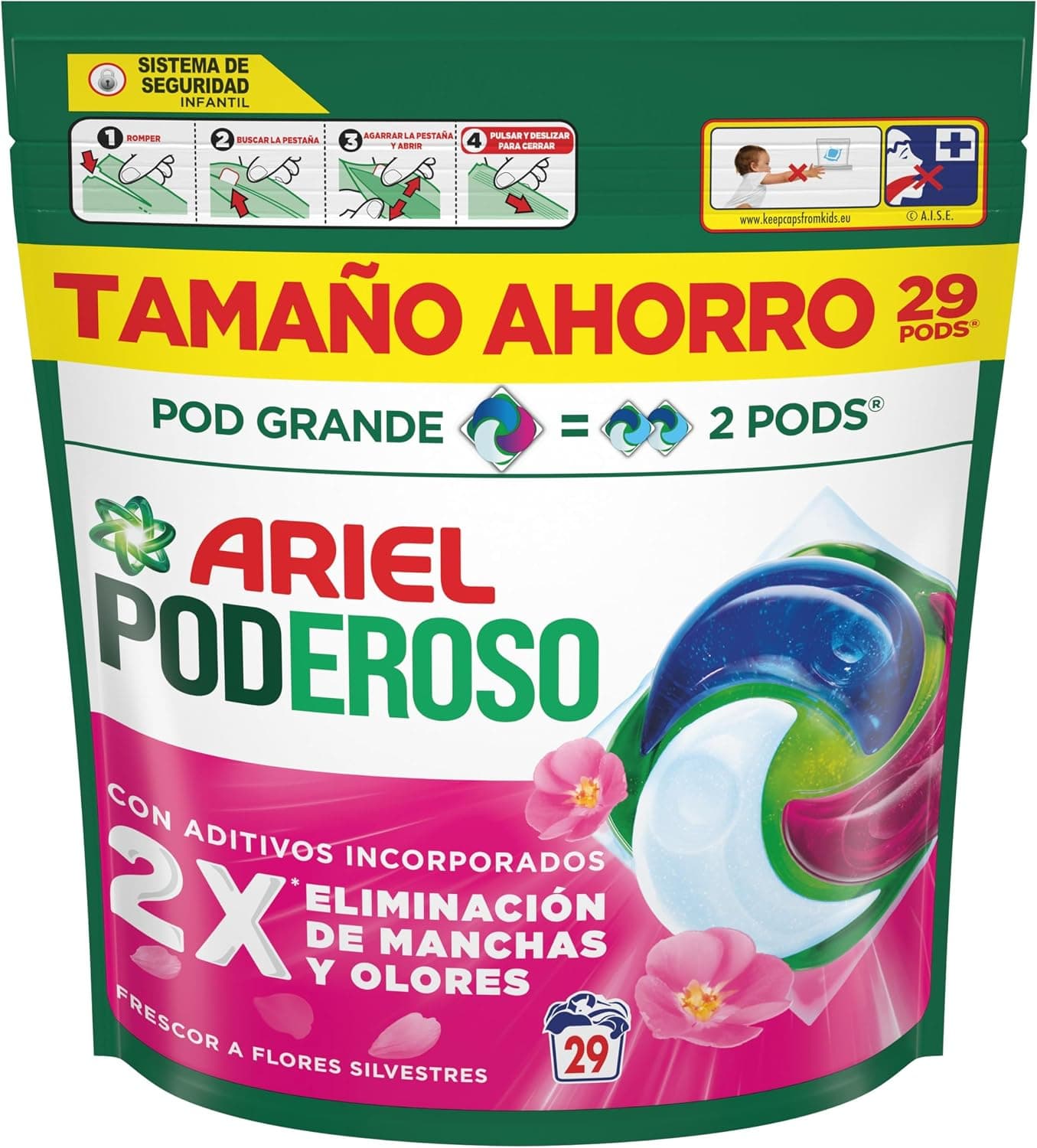 Ariel Pods PODEROSO Detergente lavadora capsulas | 29 Lavados | Frescor Silvestre | POD GRANDE = 2 PODS | 2X eliminación de manchas y olores