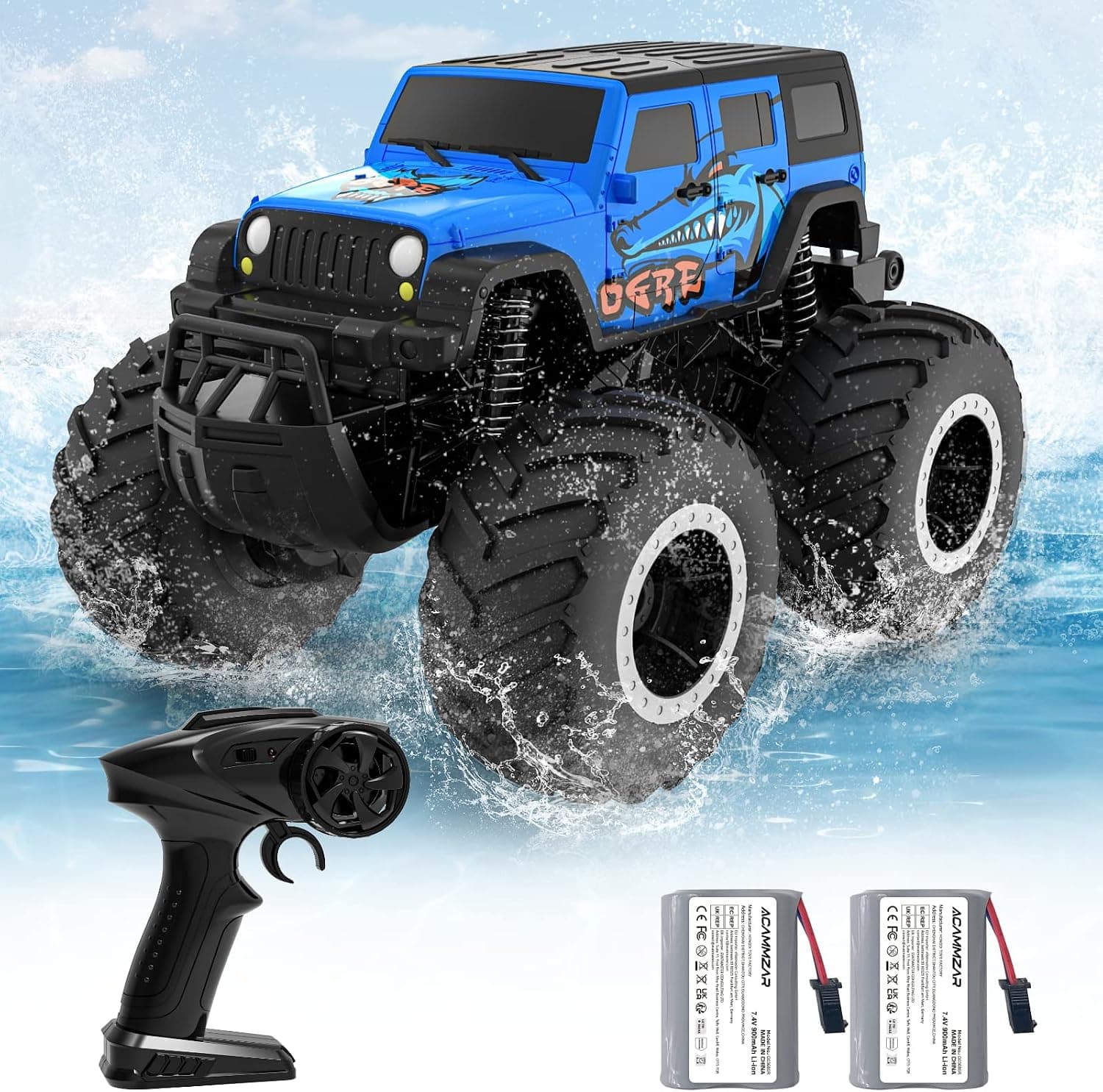 ACAMMZAR Anfibio Coche Teledirigido para niños, 2.4GHz 4WD 360° Rotación Impermeable Monster Truck para Niños Todo Terreno Off Road RC Coche con 2 Baterías 4 5 6 7 8 Niñas Regalos, Azul