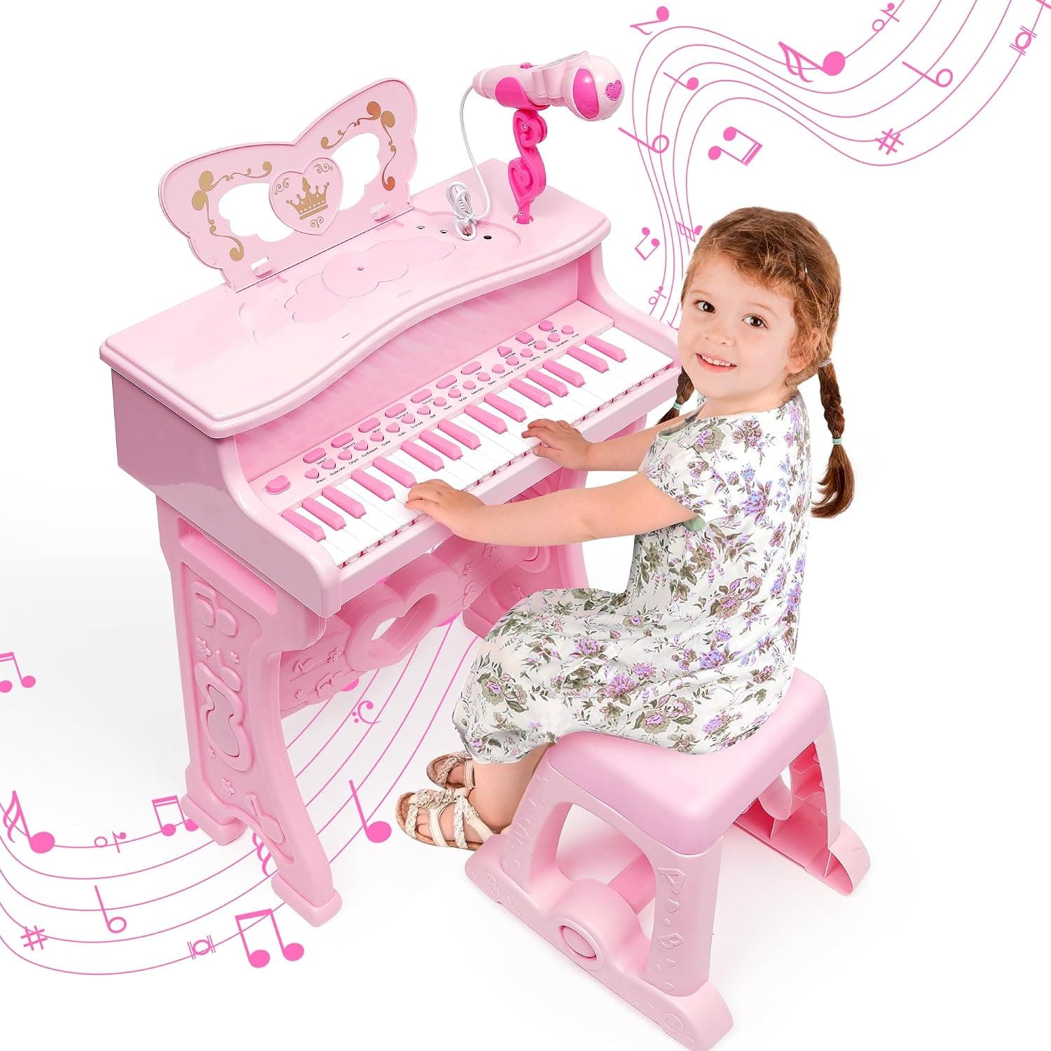 Piano para niños-Instrumento Musical Electrónico con 37 Teclas para niñas,Regalo Juguete Musical Pedagógico con Patas Desmontables,Micrófono,Varios Modos de Música,luz,Taburete (Rosa)