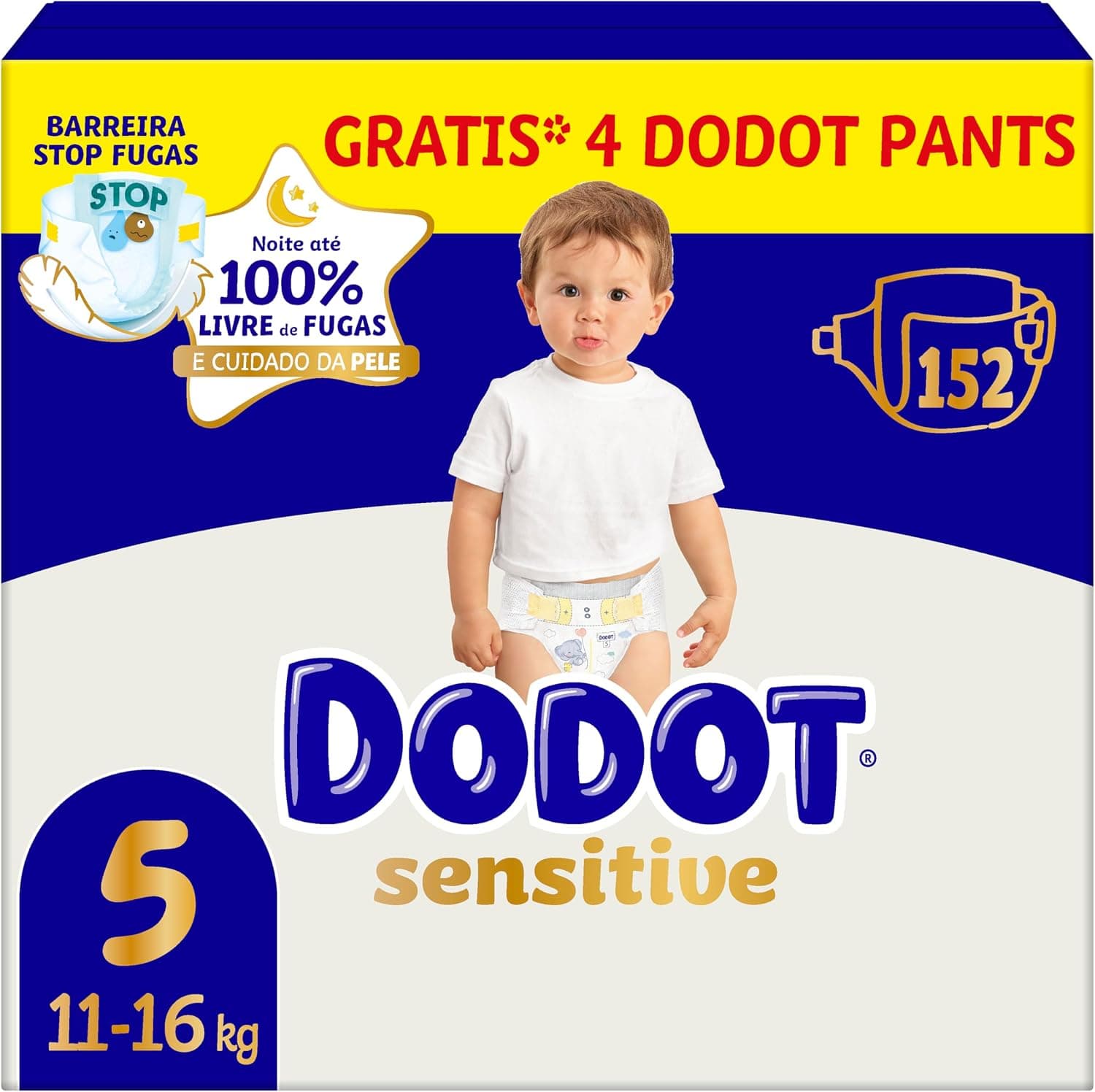 Dodot Pañales Bebé Sensitive Talla 5, 152 Pañales, 11kg - 16kg, Óptima Protección de la Piel de Dodot