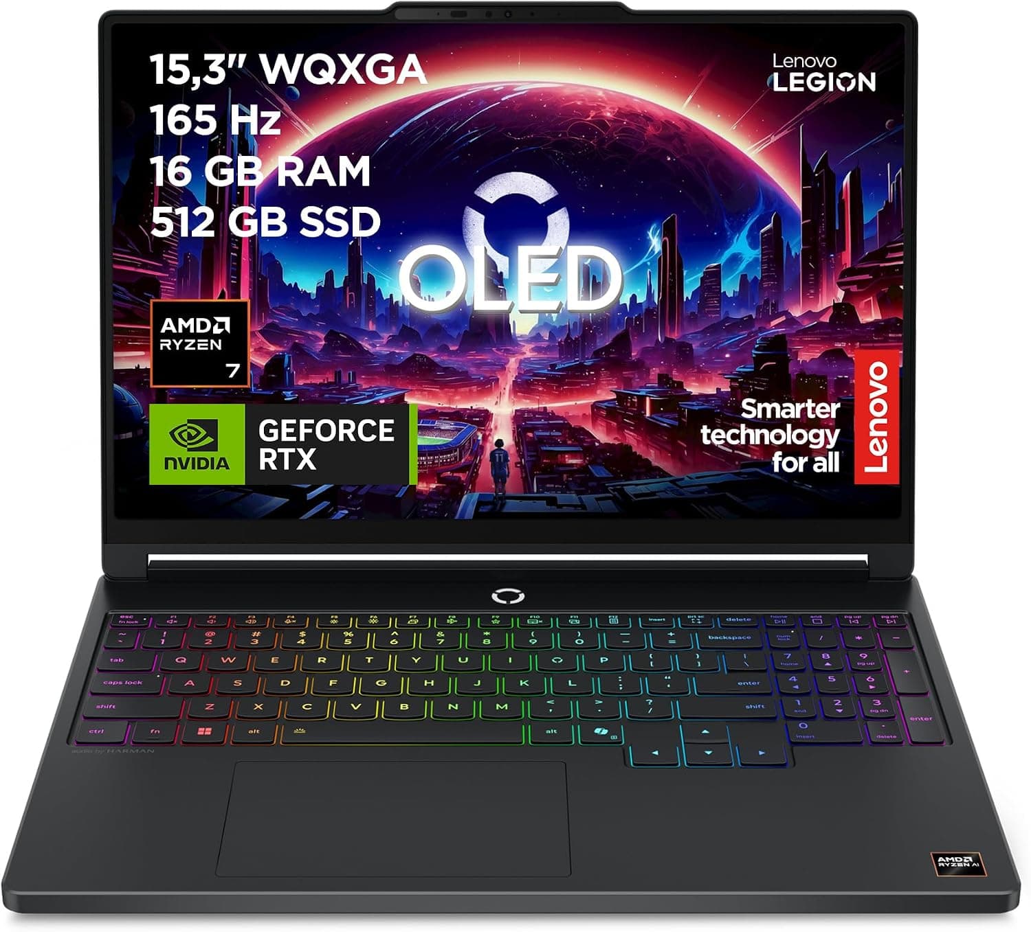Lenovo Legion 5 Gen 11 - Portátil Gaming IA 15.3" OLED (AMD Ryzen 7 250, NVIDIA GeForce RTX 5050, 165Hz, 16GB RAM, 512GB SSD, Wi-Fi7, Sin Sistema Operativo) QWERTY Retroiluminación RGB, Español-Negro