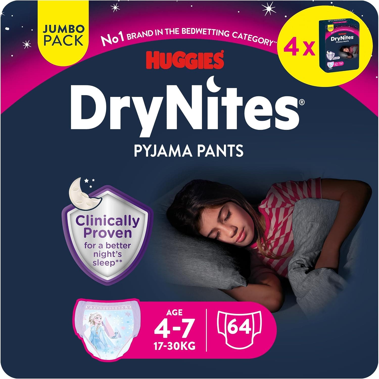 Huggies DryNites Pañales para Niña 4-7, 17-30 kg, Clínicamente Probado con 5 Capas de Óptima Protección Nocturna, 4 Packs de 16, Total 64 Pañales Desechables de Noche