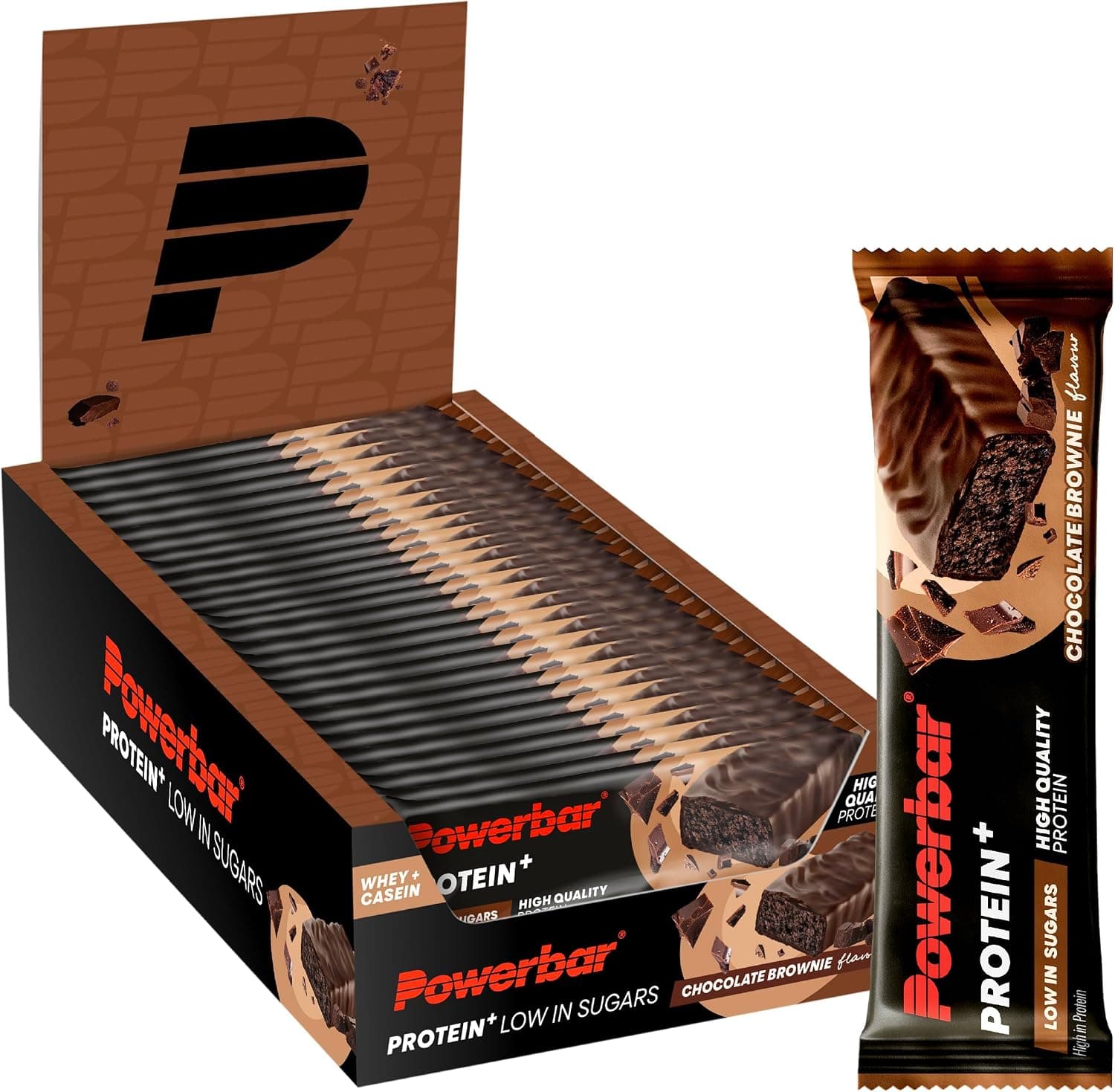 Powerbar - Protein Plus - Low Sugar - Chocolate-Brownie - 30x35g - Barrita con solo 107 Kcal - Barrita fitness con fibra