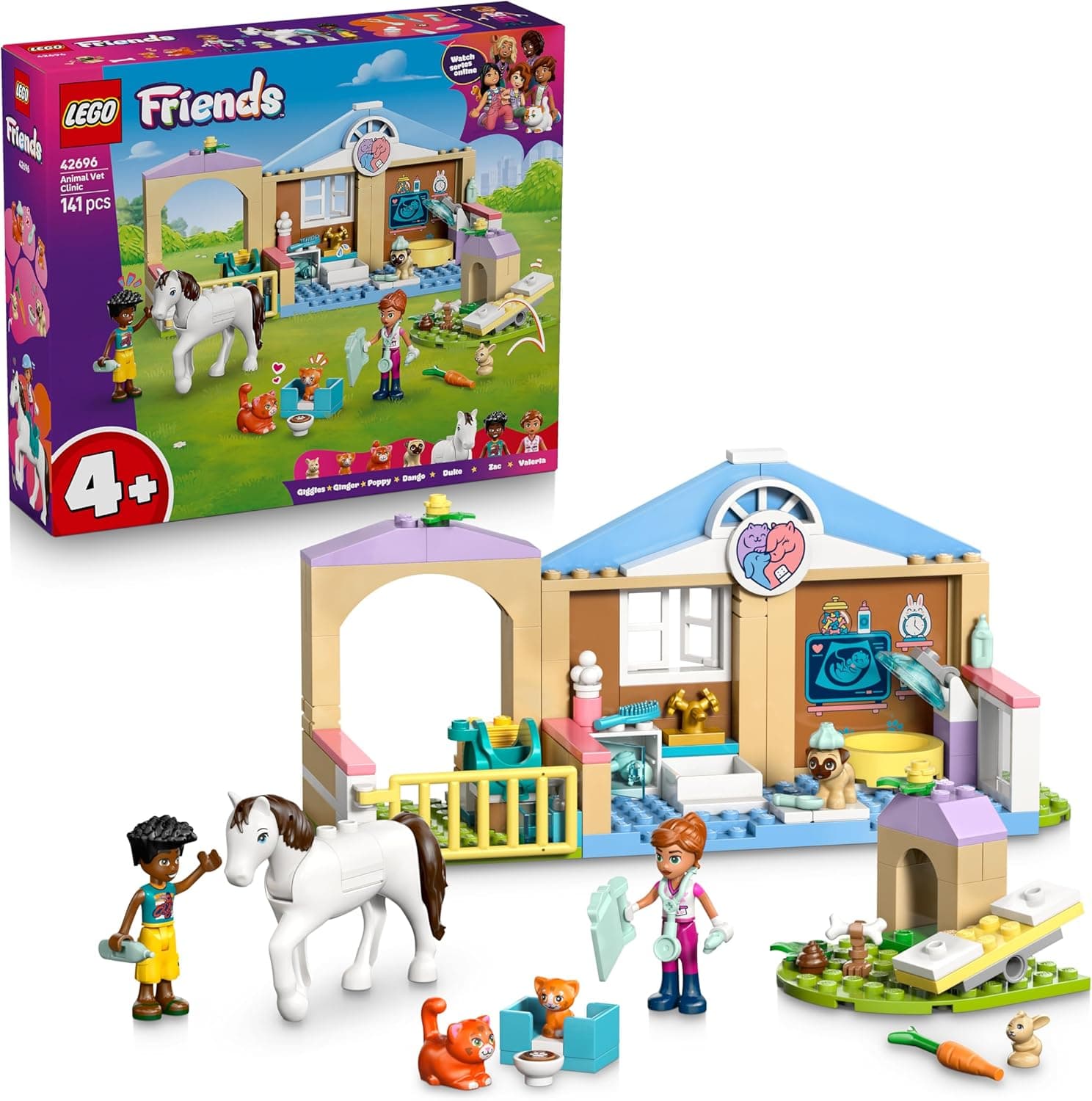 LEGO Friends Clínica Veterinaria de Animales - Juguete Educativo con Establo de Caballos, 2 Mini Muñecos, Figuras de Perro, Gato y Conejo y Acessorios - Regalo para Niñas de 4+ Años - 42696