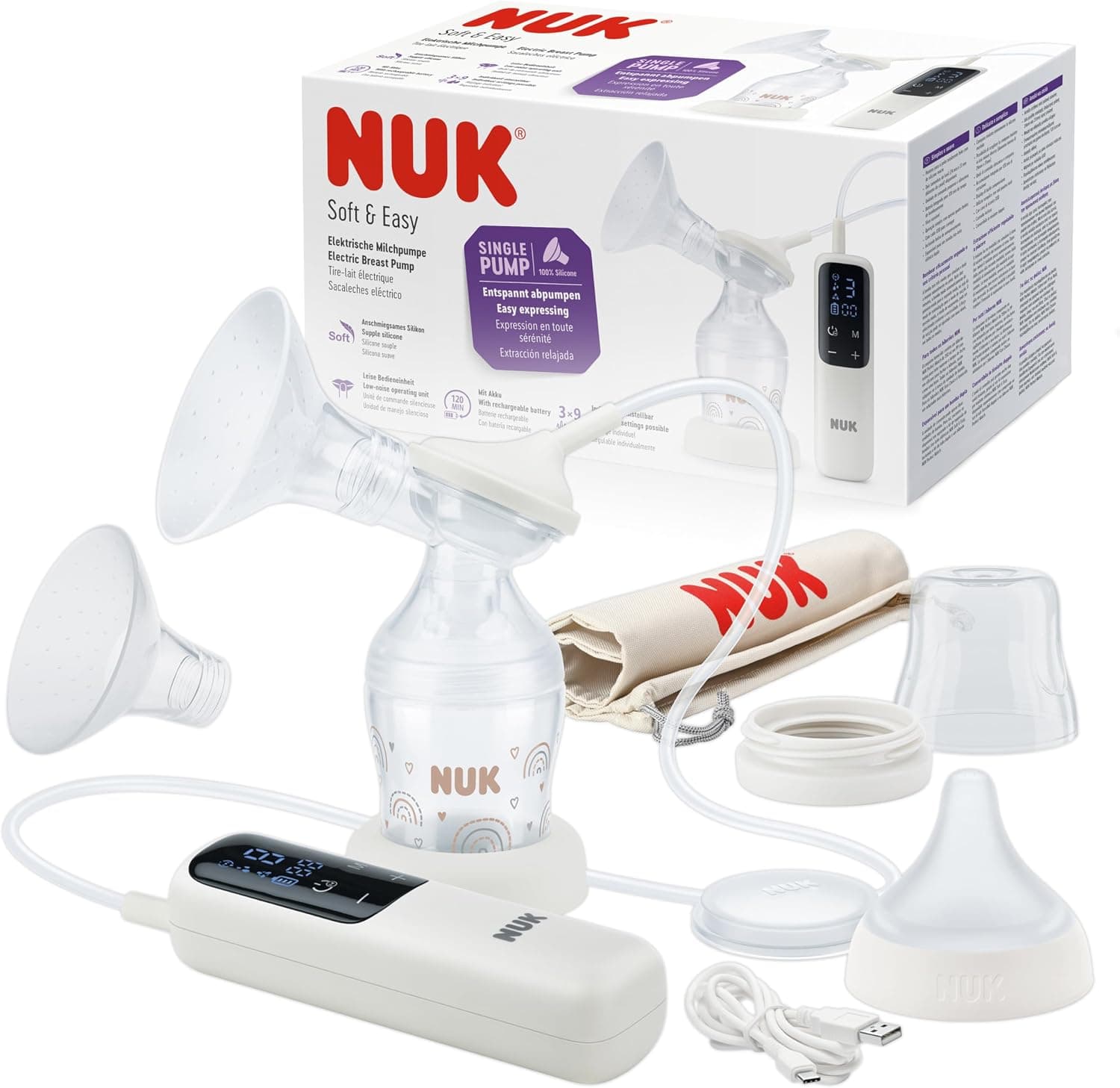 Sacaleches eléctrico Soft & Easy de NUK | Copas suaves 100% de silicona | Pequeño, ligero y silencioso | Batería recargable para viajar | Copas de 24 y 27 mm | 1 biberón Perfect Match