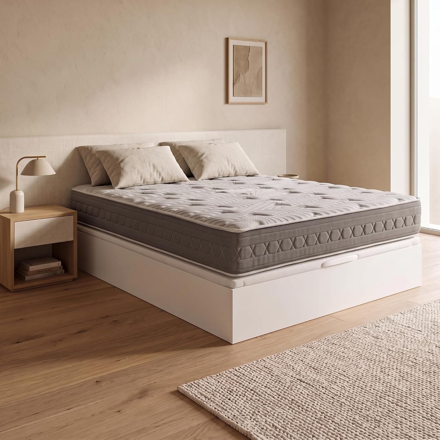 ROYAL SLEEP - Pack Descanso Montaje y Retirada de Usado Incluido | Colchón Viscoelástico Ceramic Plus 150x190 + Canapé Abatible Gran Capacidad Blanco Madera