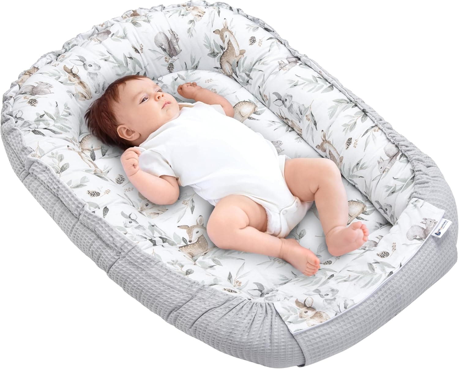 Medi Partners Nido Bebe Recien Nacido Reductor de Cuna - 100x60x15 Portátil o de Viaje de Colecho anticolicos Bilateral Bebés 100% Algodón Gofre (Ciervo en Hojas con Gris Gofre)