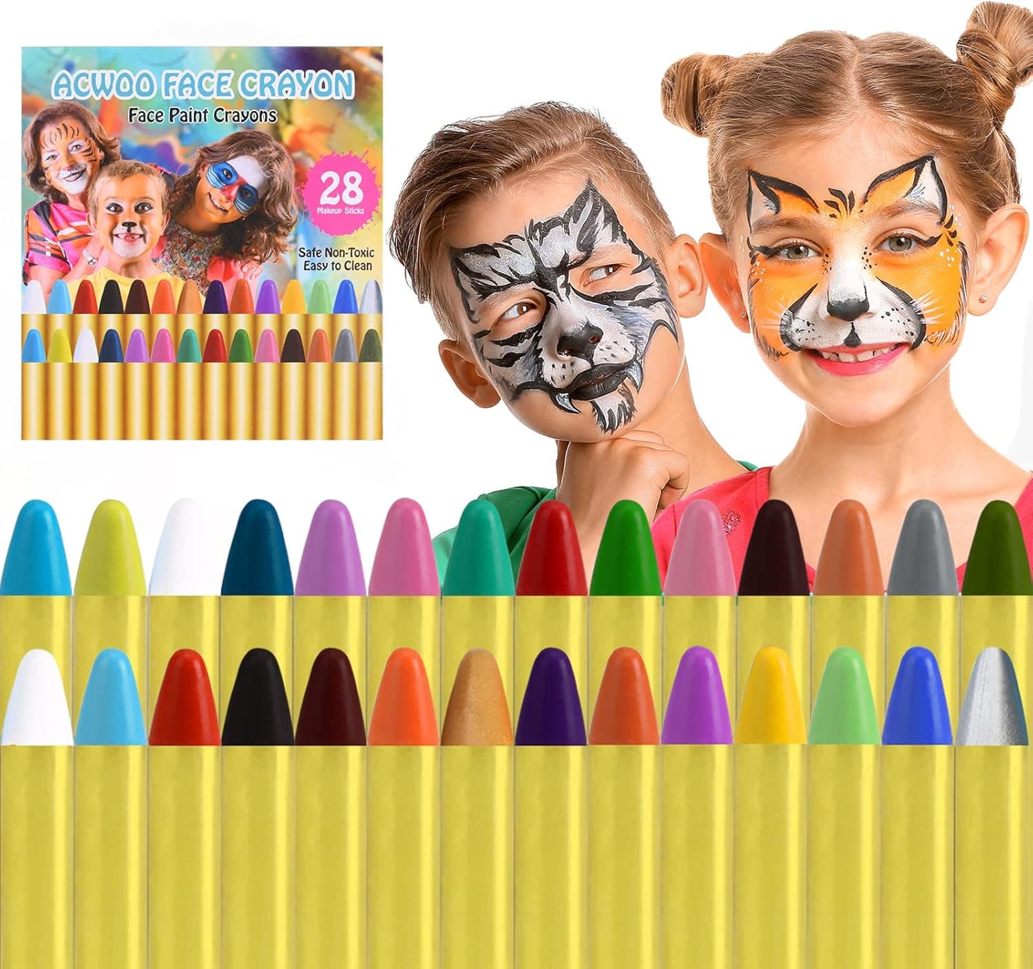ACWOO Pintura de Cara, 28 Colores Seguridad No Tóxica Pintura Facial, Crayones de Maquillaje Ideal para Halloween Navidad Cosplay Fiesta y Party