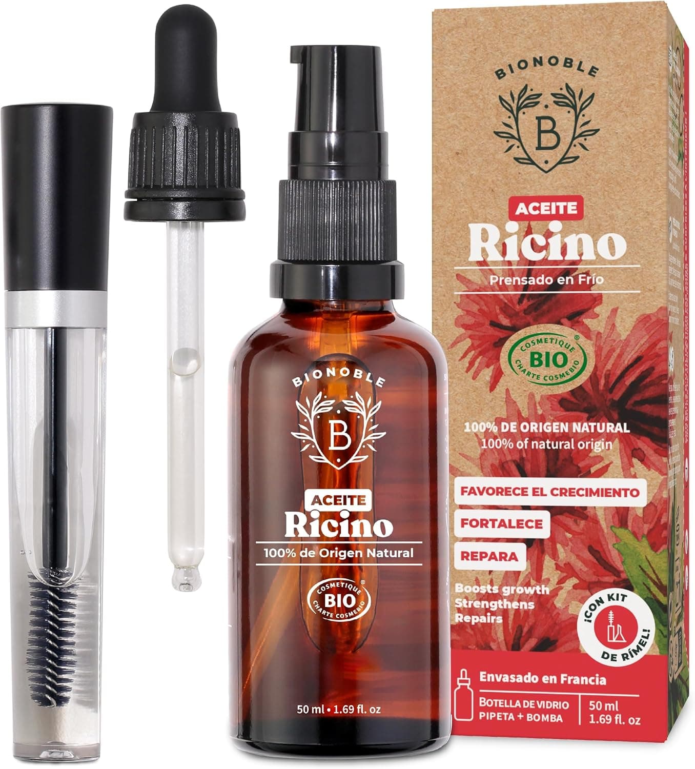 BIONOBLE Aceite de Ricino 100 Puro y Natural, Bio + Kit de Rímel - 50ml