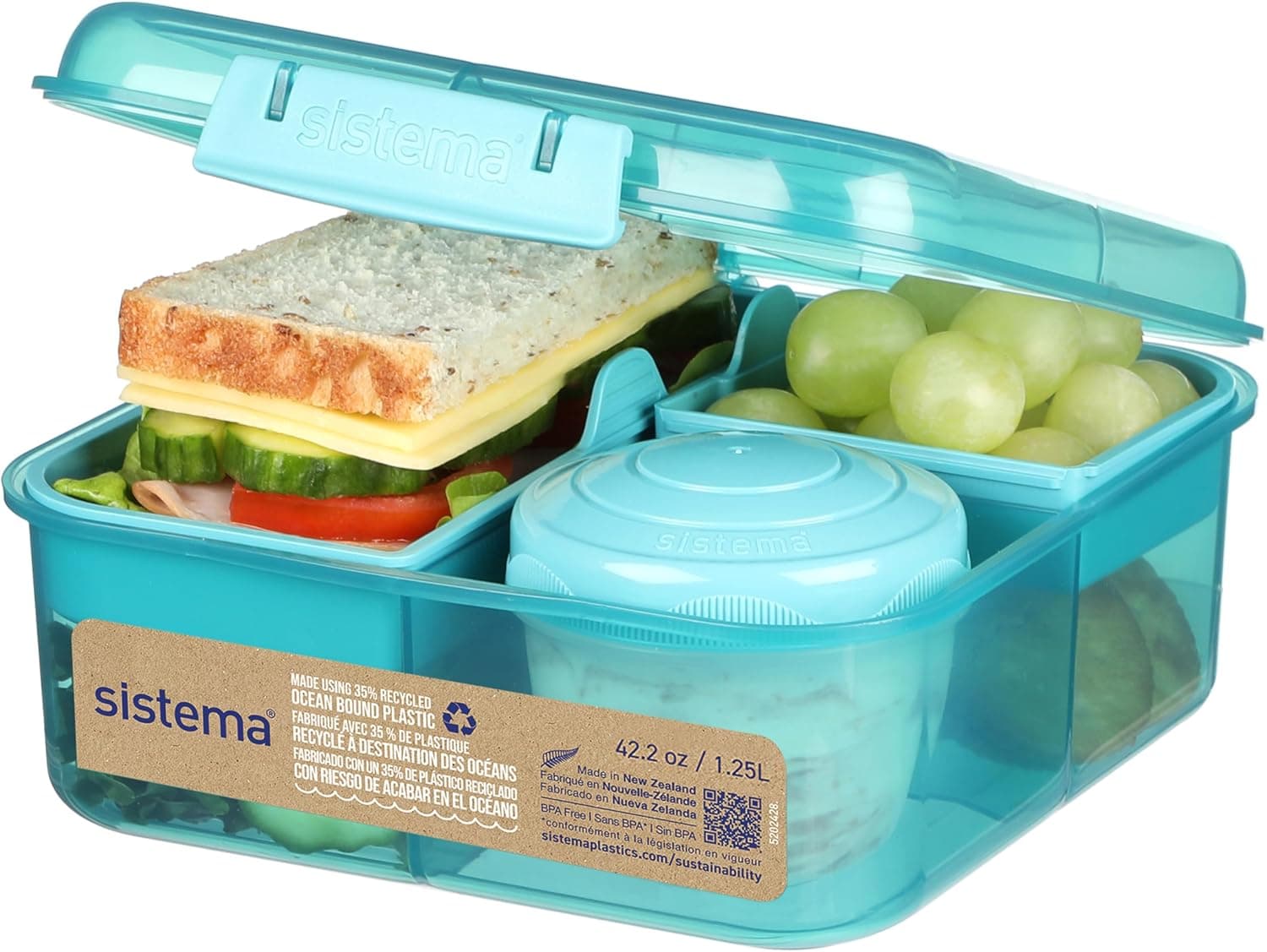 Sistema To Go fiambrera bento | Fiambrera con tarrina para yogur o fruta | Plástico con destino al océano | 1,25 l | Verde Azulado