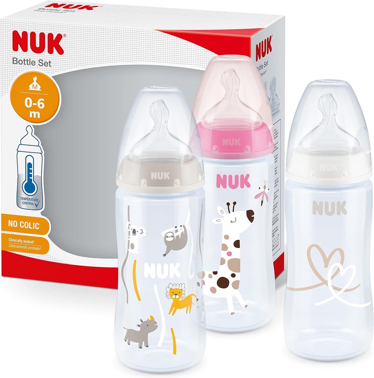 NUK First Choice+ set de biberones | 0-6 meses | Control de temperatura | Tetina de silicona | Válvula anticólico | Sin BPA | 300 ml | Rosa | 3 unidades
