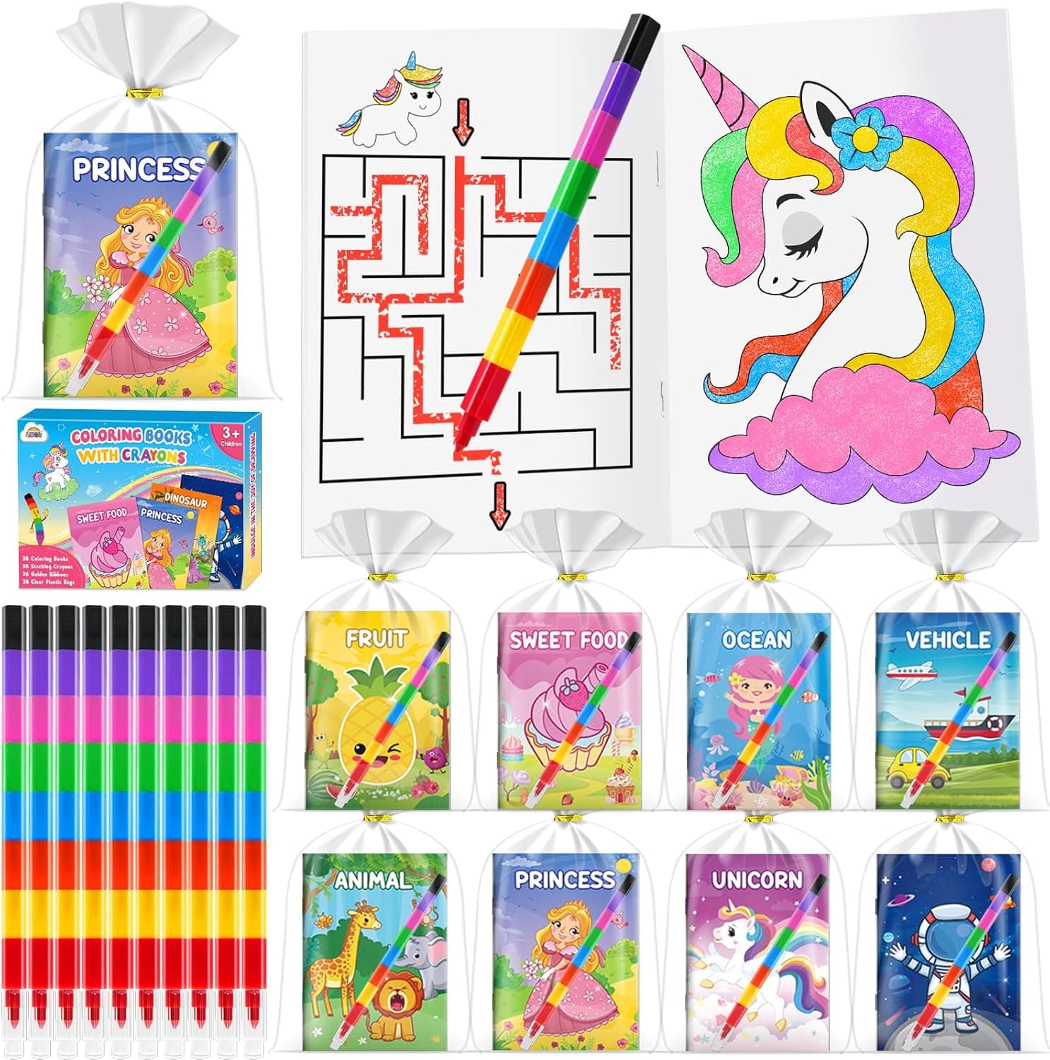 ZMLM Libros para Colorear para Niños, Crayones de 8 Colores Ceras de Colores Kit Detalles Cumpleaños Niños Pintar Manualidades Navidad Regalos para 3 a 9 Años (36 Classic)