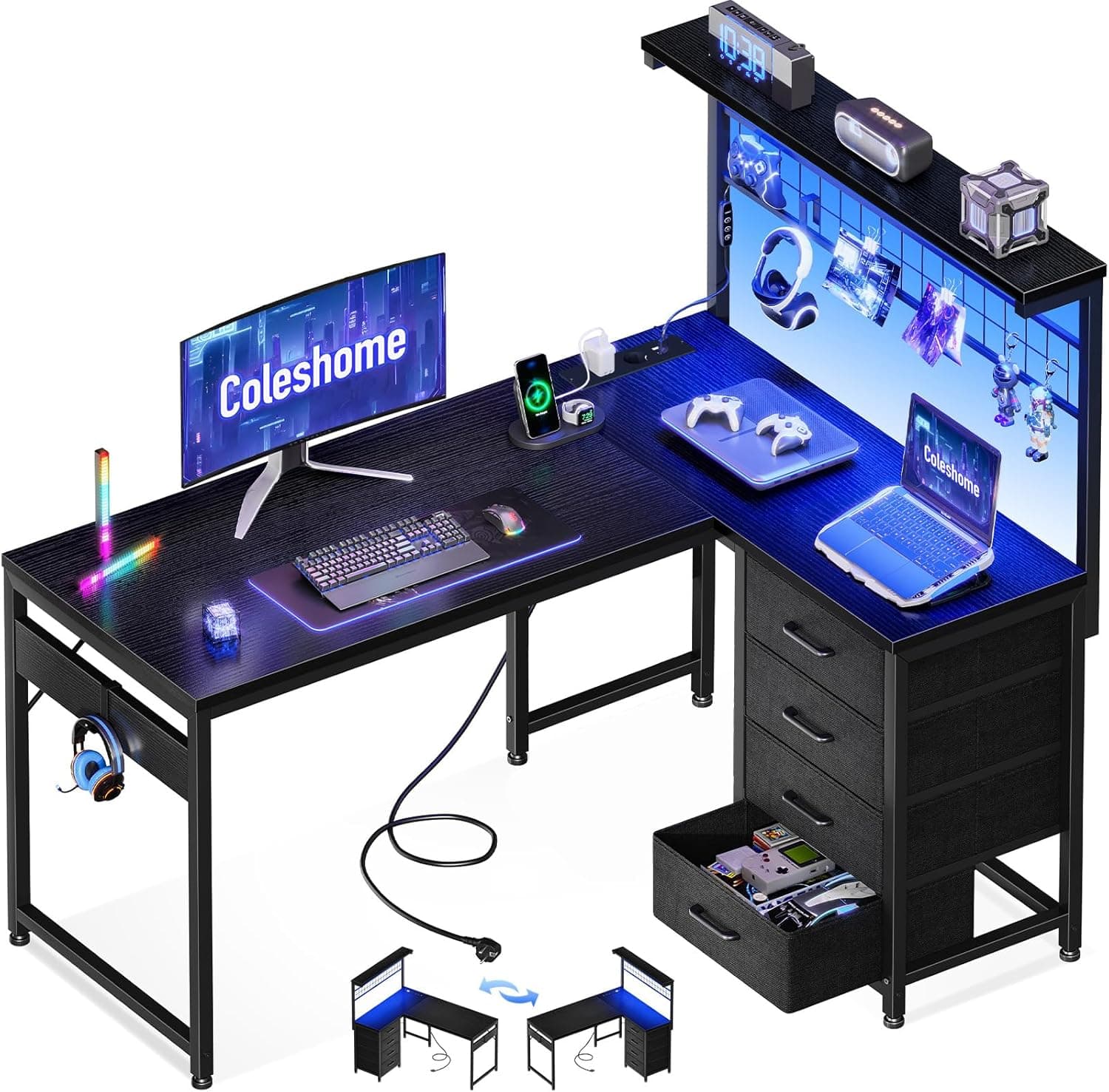 Coleshome Escritorio Esquinero Gaming con 4 Cajones y LED, 130x100cm, Negro