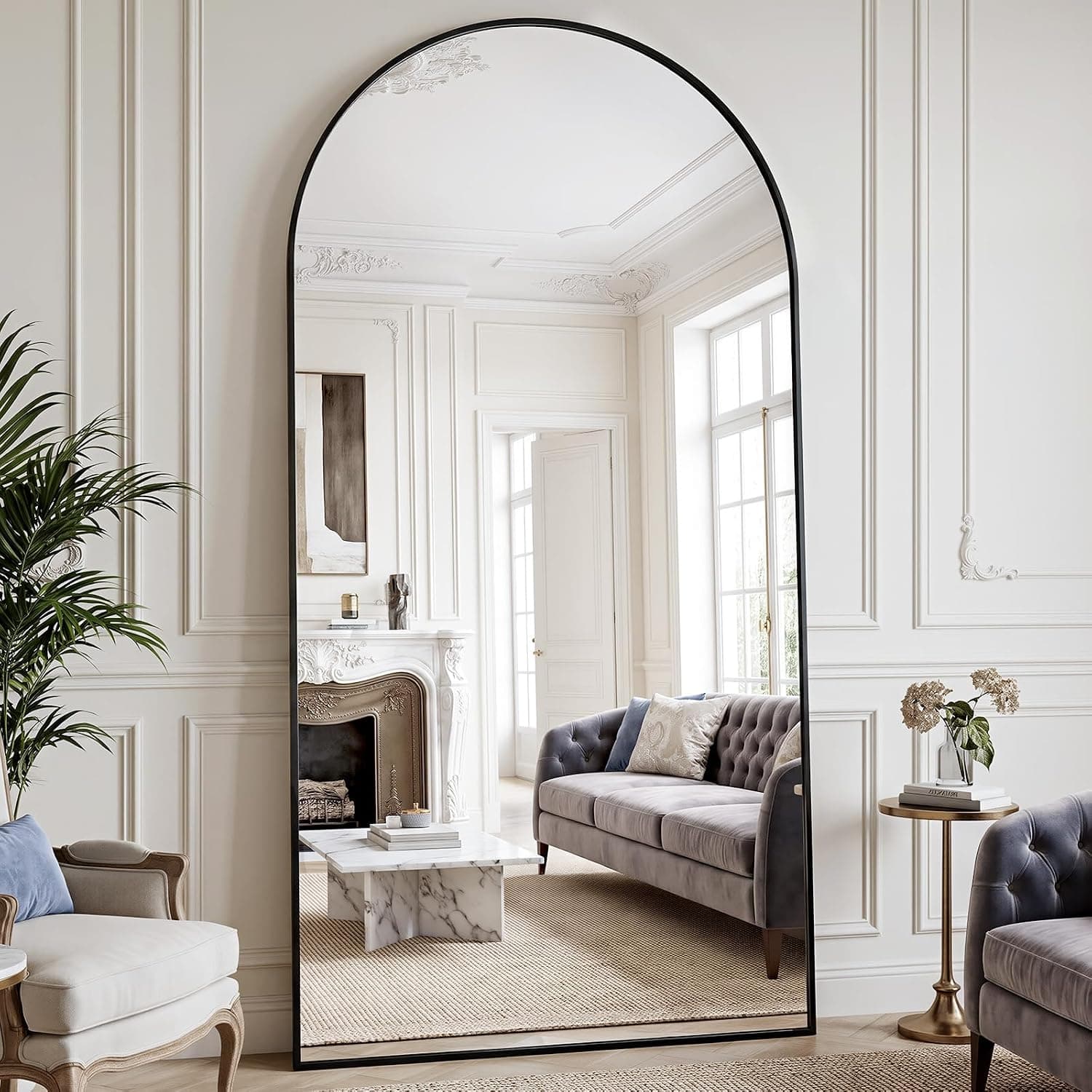 XRAMFY Espejo de Pie Cuerpo Entero 218 x 102 cm, Arco Espejo Cuerpo Entero con Supporto, Entero Cristal Templado, Cornice in Lega di Alluminio, Negro
