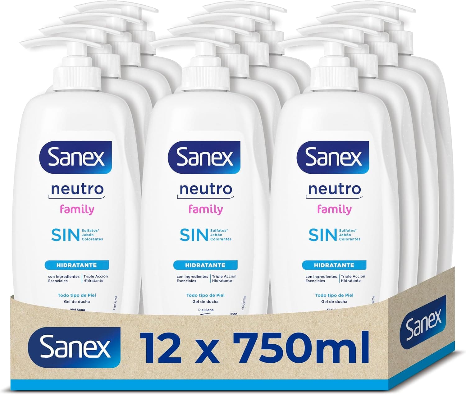 Gel de Ducha Sanex Neutro Family pack 12 x 750 ml | Con ingredientes esenciales | 0% sulfatos*, 0% jabón y 0% colorantes | Gel de ducha para todo tipo de piel | Hidratación duradera