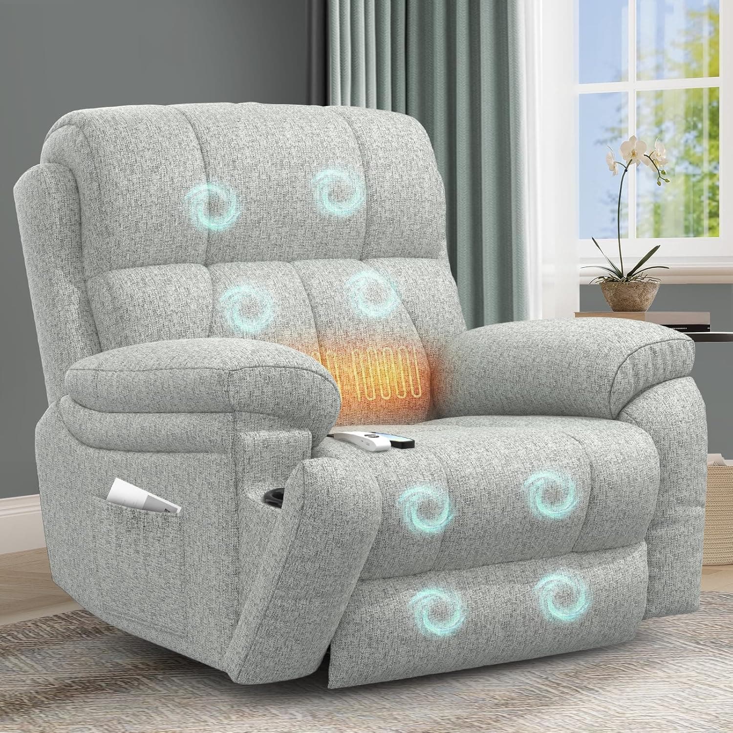 Sillón Relax Reclinable para Personas Mayores, con Masaje y Calor, Reposapiés Extensible, Puertos USB tipo C+, Portavasos Ocultos y dos bolsillos laterales,Reclinable Extragrande tipo Sofá para salón