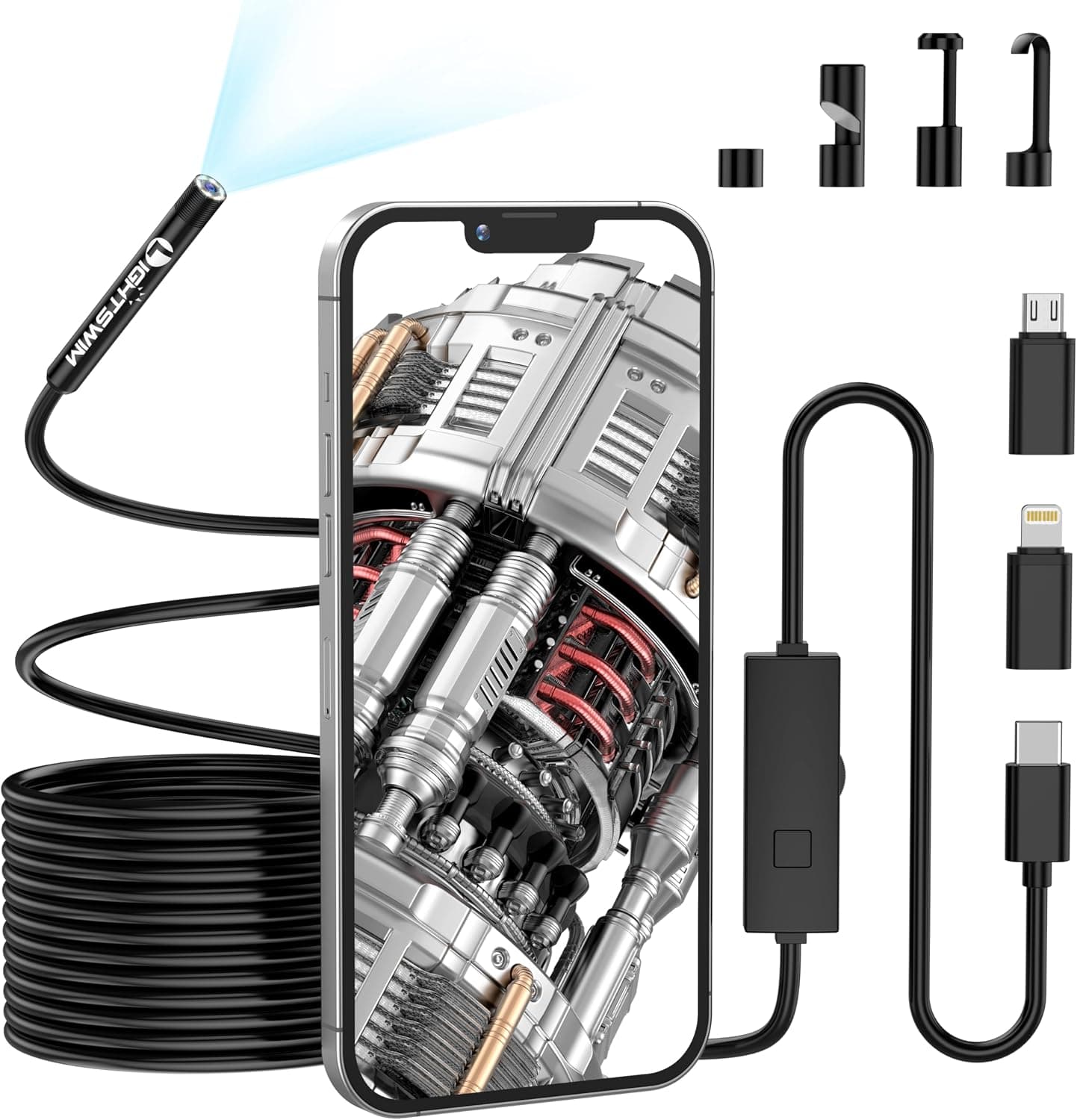 Cámara de inspección de endoscopio de 5,5 mm 1920P, boroscopio Lightswim Tipo C, cámara de Alcance con 8 Luces LED para teléfonos Inteligentes Android e iOS, iPhone, iPad, Samsung (16,5 pies/5 m)