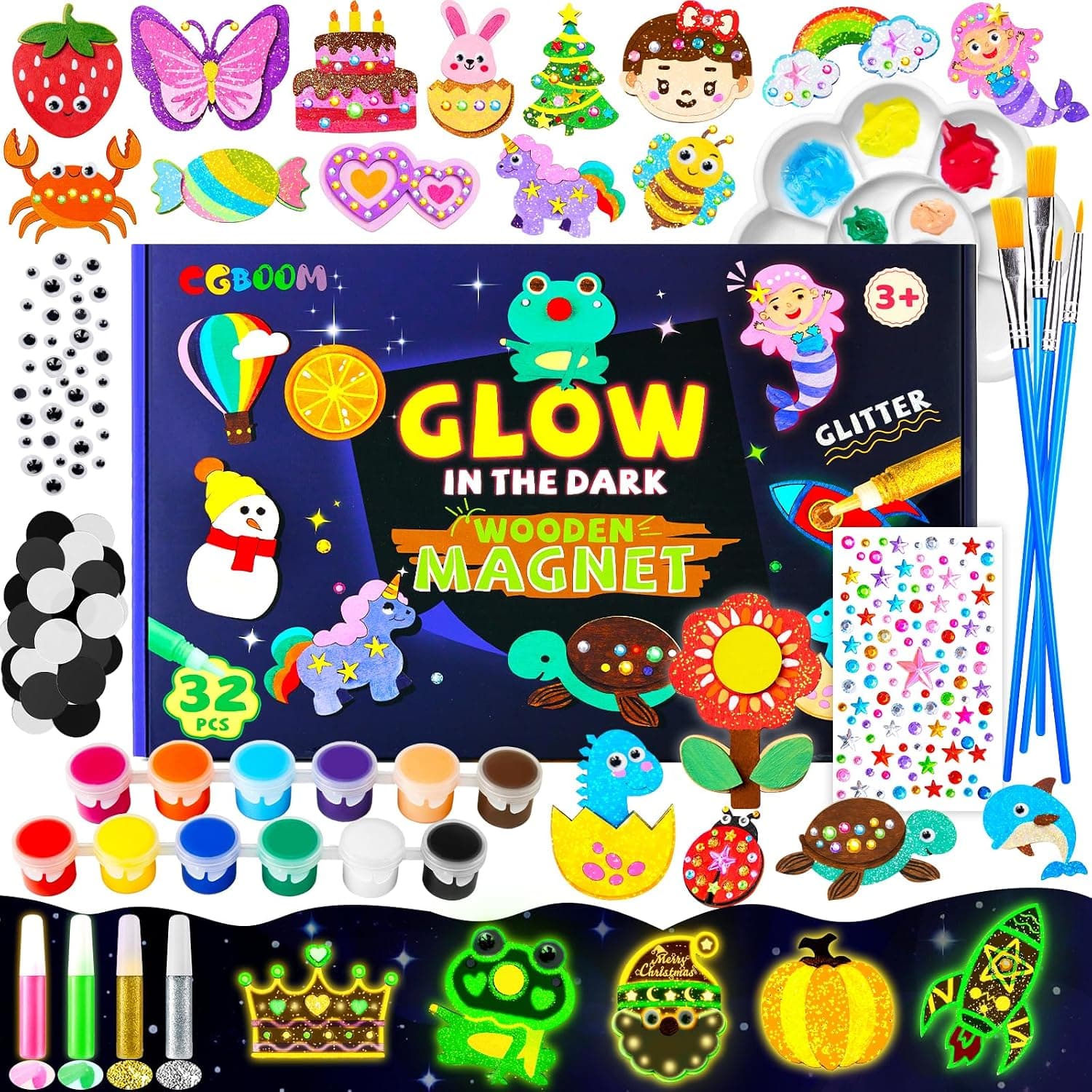CGBOOM Set de pintura para niños, juego de manualidades para niños de 32 piezas, imanes de nevera con luminiscencia para pintar y manualidades, imanes de madera para pintar, regalo para niñas y niños